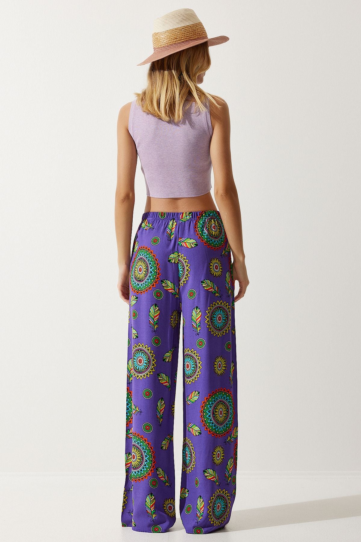 Woman Purple Patterned Viscose Palazzo Pants EN00606