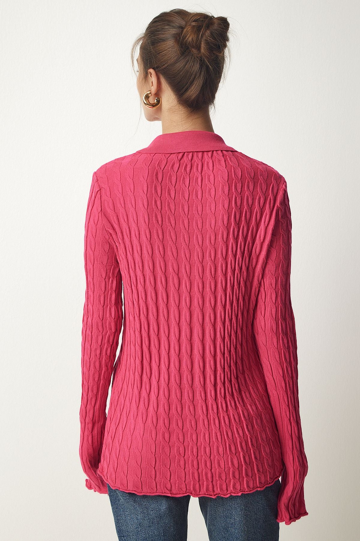 Woman Pink Polo Yaka Braided knitwear cardigan FN03117
