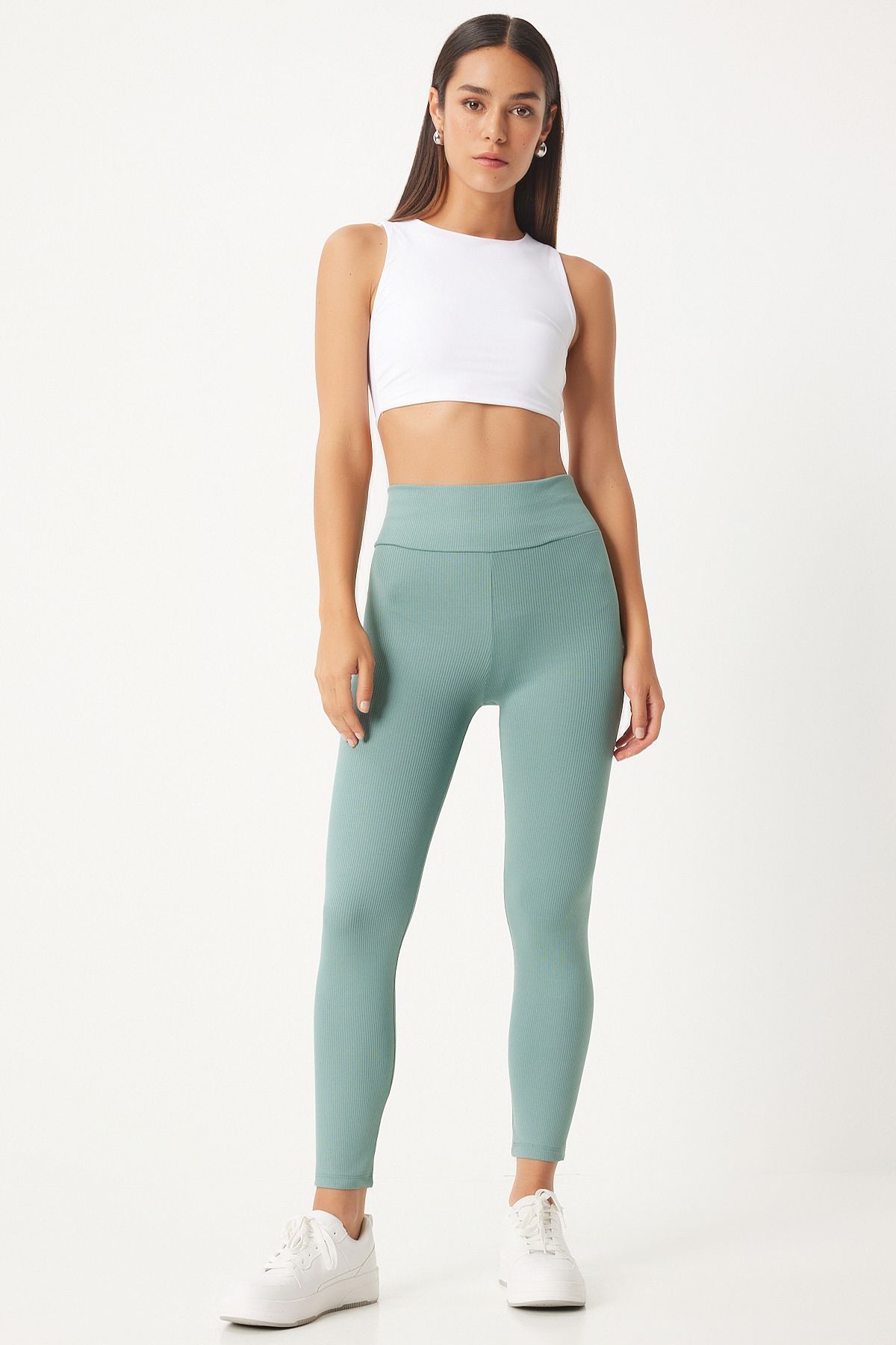 Women's Cagla Green High Waist Wick Knitting Tights ZV00208