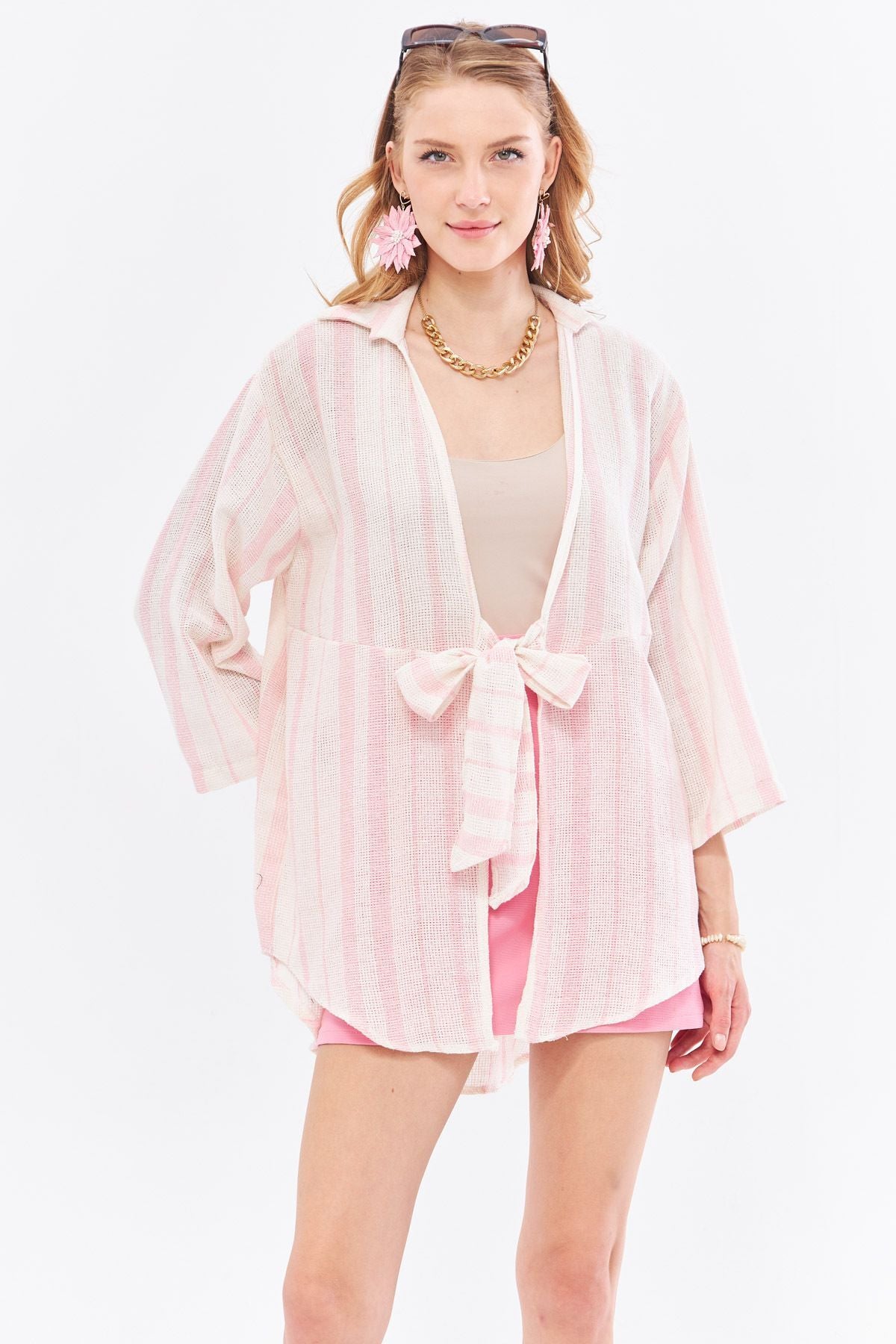 Woman Pink striped front-binding kimono shirt ARM-24Y001091