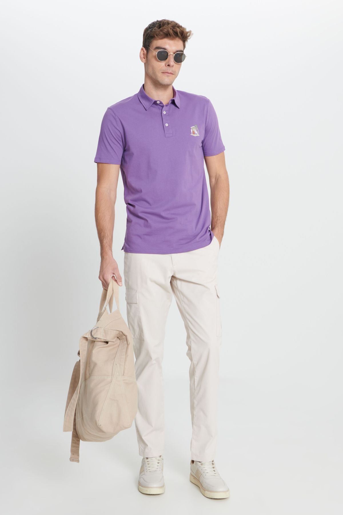 Male Purple Standard Fit Normal Cutting 100 %Cotton Soft Table Printed Polo Yaka T -shirt