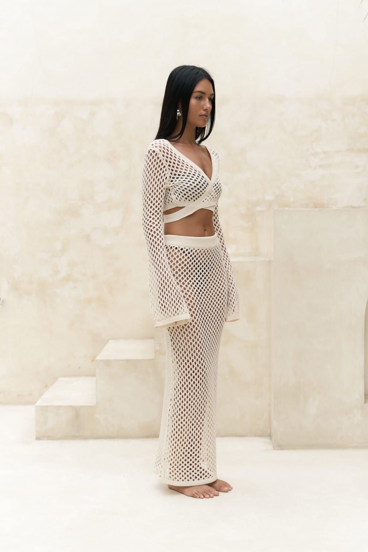 Anse button detail beige knitwear set