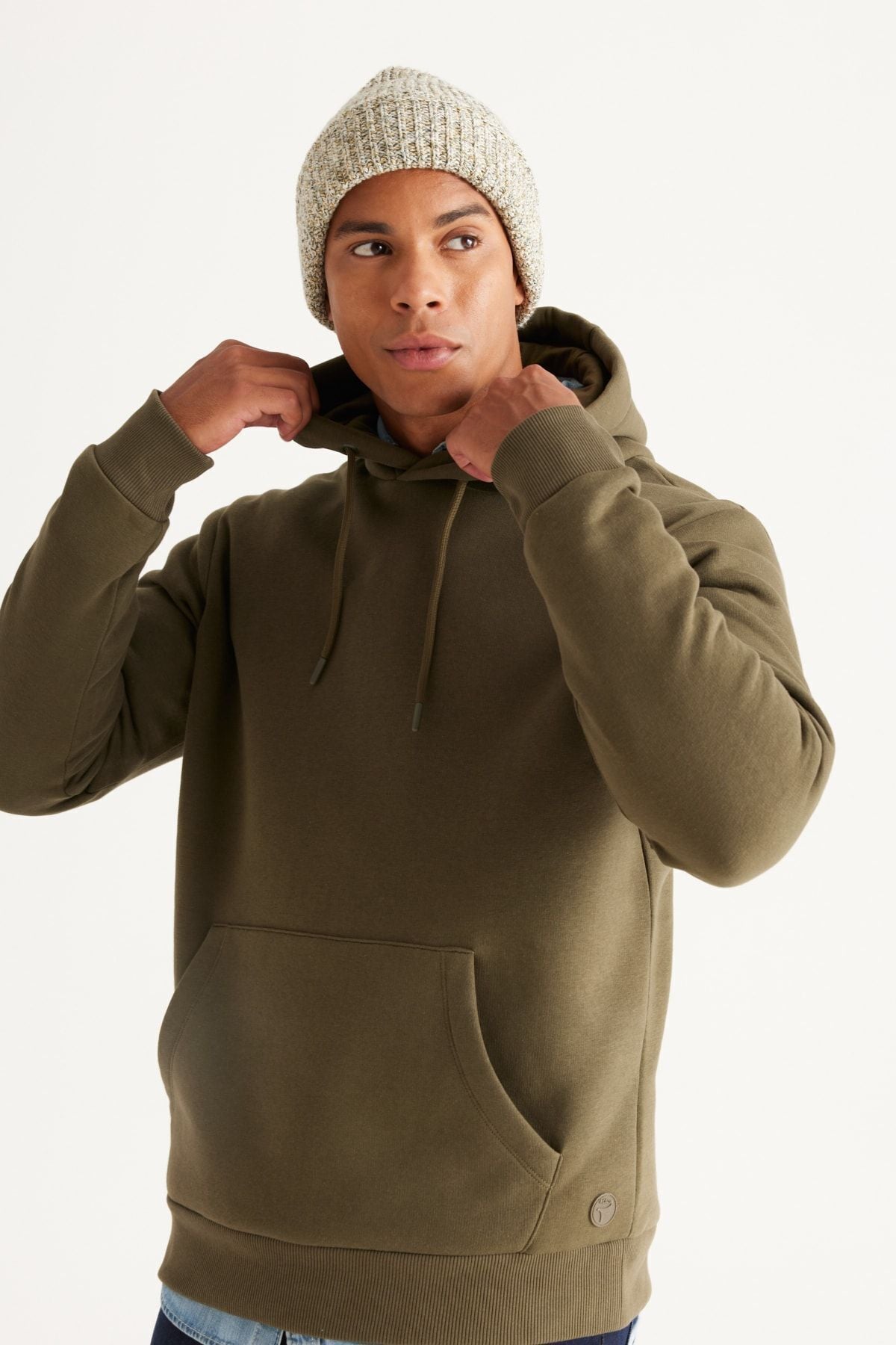 Men's Khaki Standard Fit Normal Cutting Içi Polar 3 IP hooded kangaroo pocket cotton sweatshirt