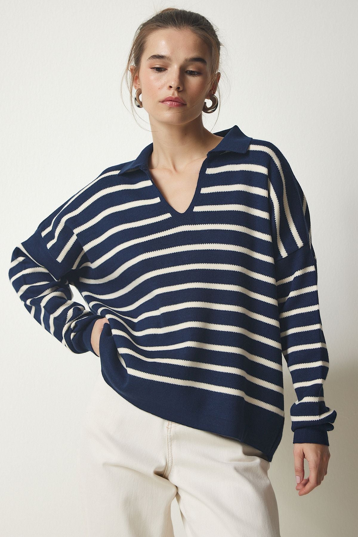 Woman Navy Blue Polo Yaka Crop knitwear sweater US00293