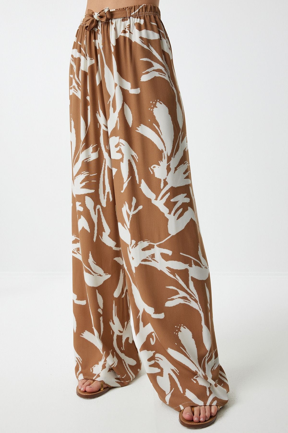 Female Biscuit White Patterned Viscose Palazzo Pants EN00606