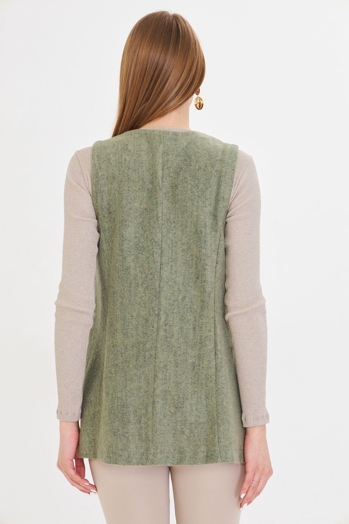 Female Green V-Neck Single Button Oversize Patterned Vest ARM-25K001110