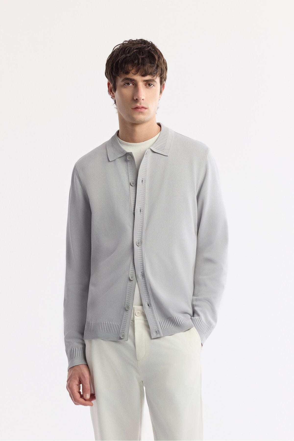 Men's gray polo collar front buttoned rayon knitwear cardigan A51y5008