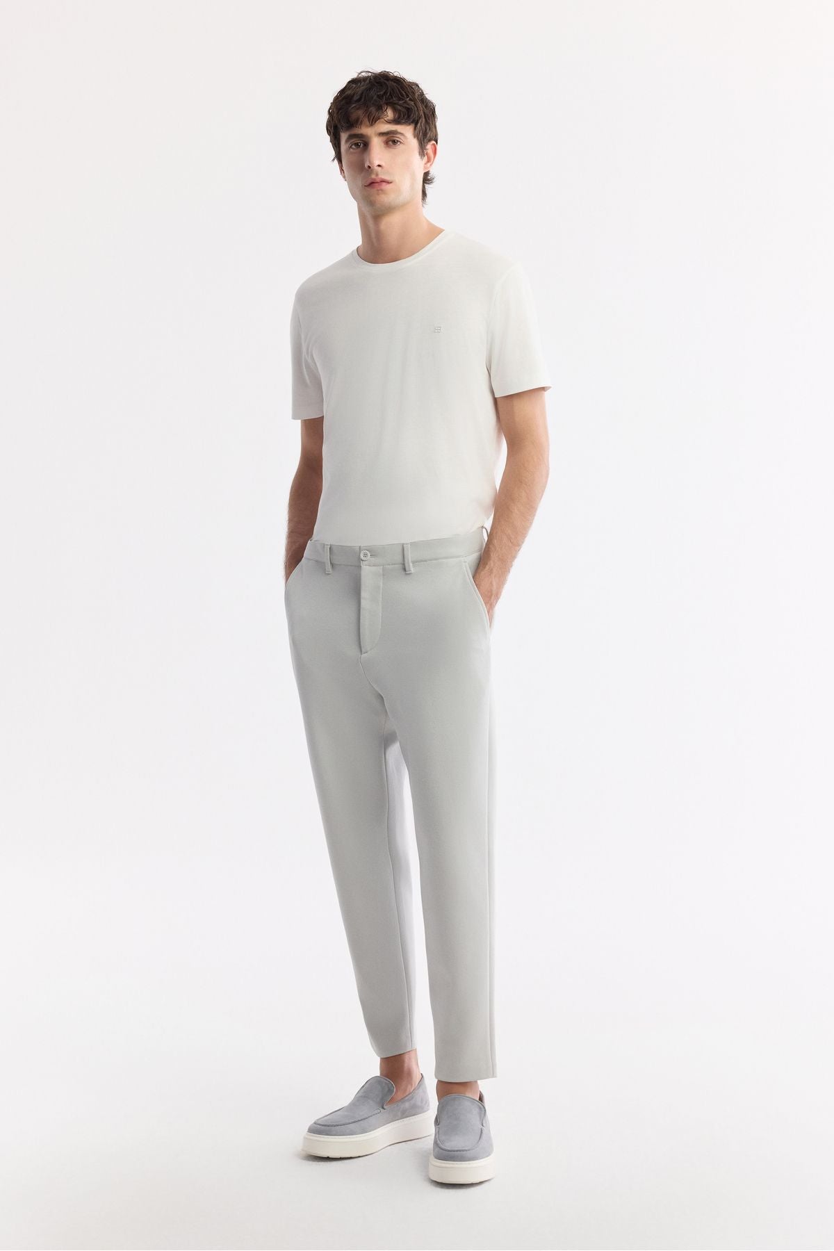 Men's Light Gray Classic Waist Knitting Diagonal Pedasa Carrot Fit Pants A51y3013