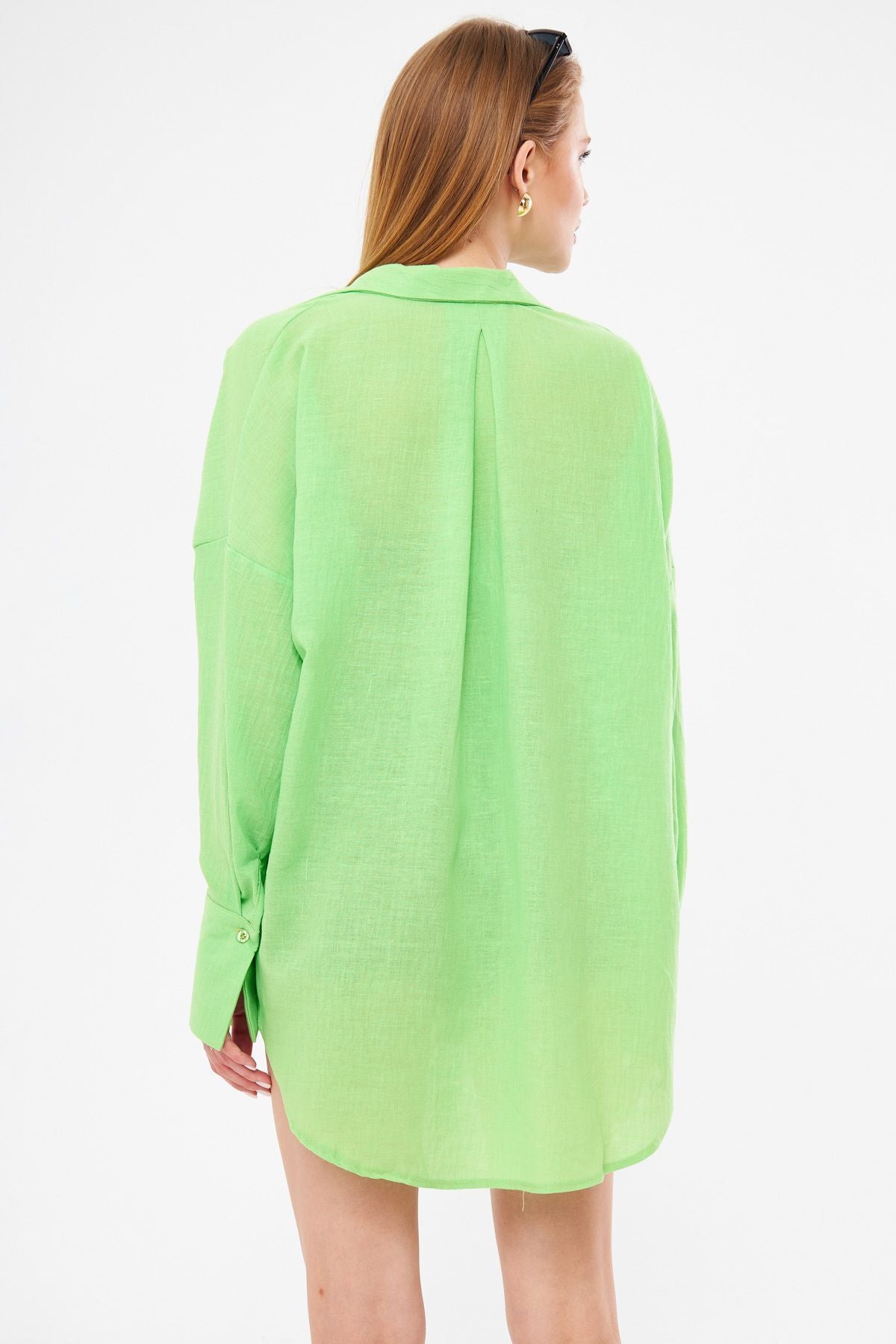 Woman Light Green Oversize textured linen-looking large cuff shirt ARM-24K001001