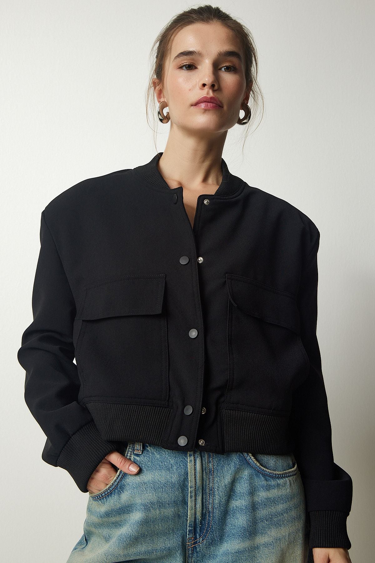Female Black Wide Pocket Bomber Jacket FN03041