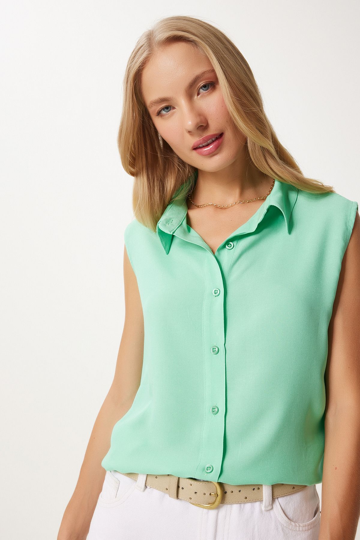 Female Water Green Sleeveless viscose shirt to00129