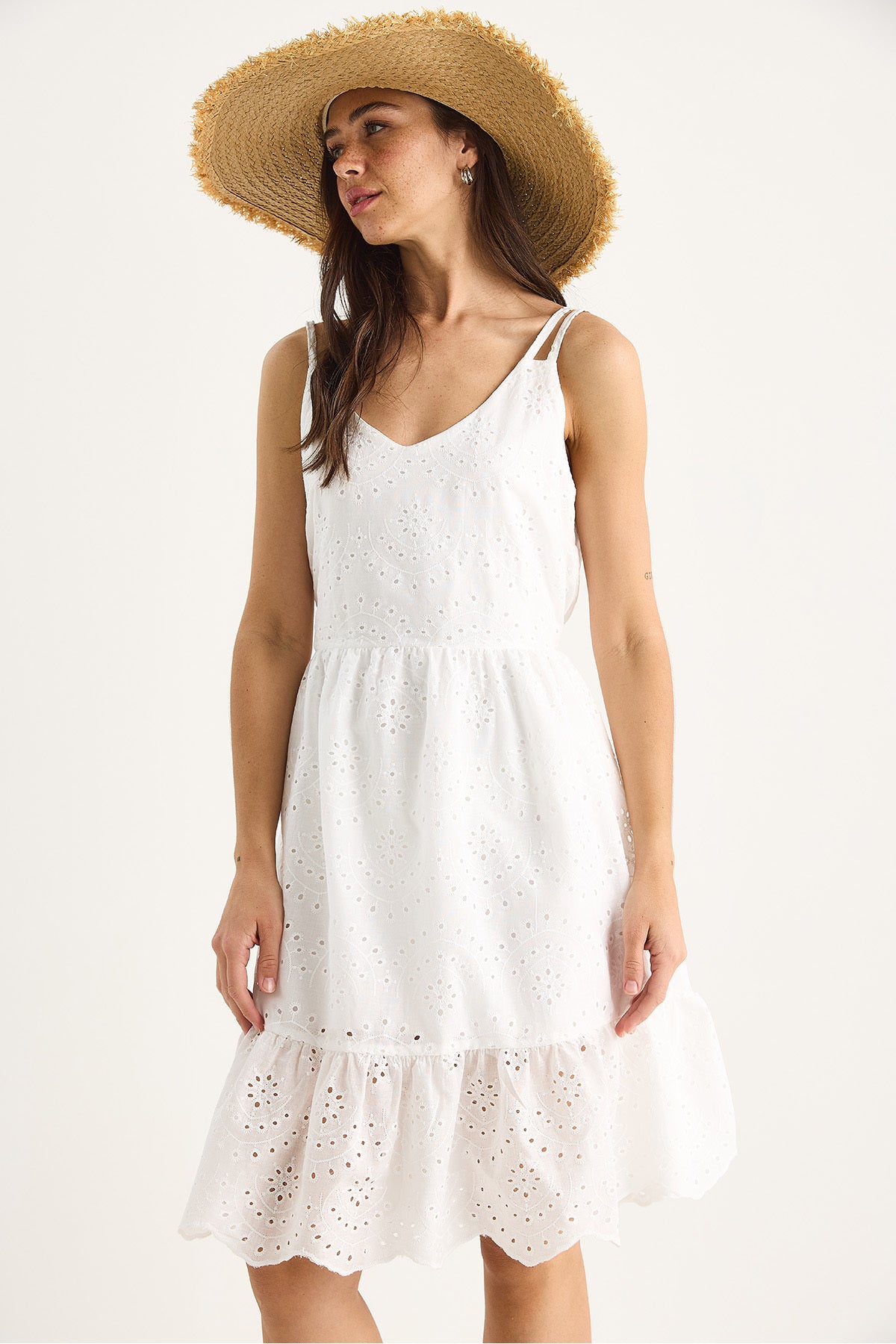 Women's V-Neck Back Detailed Lined Skirt Flared Brode Dress 5244 60281067