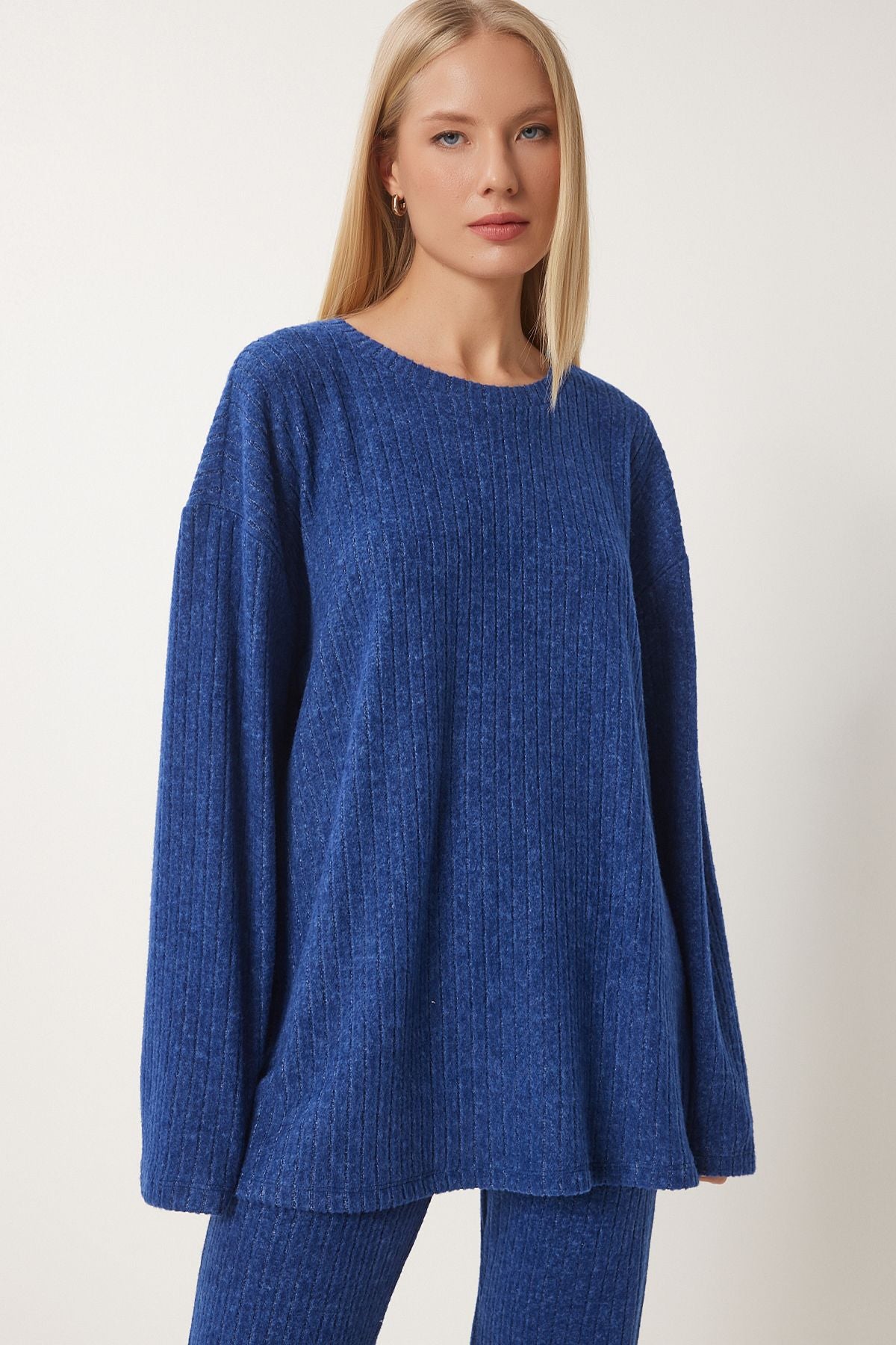 Woman Cobalt Blue Casual Wick Knitting Blouse Pants Set RG00047