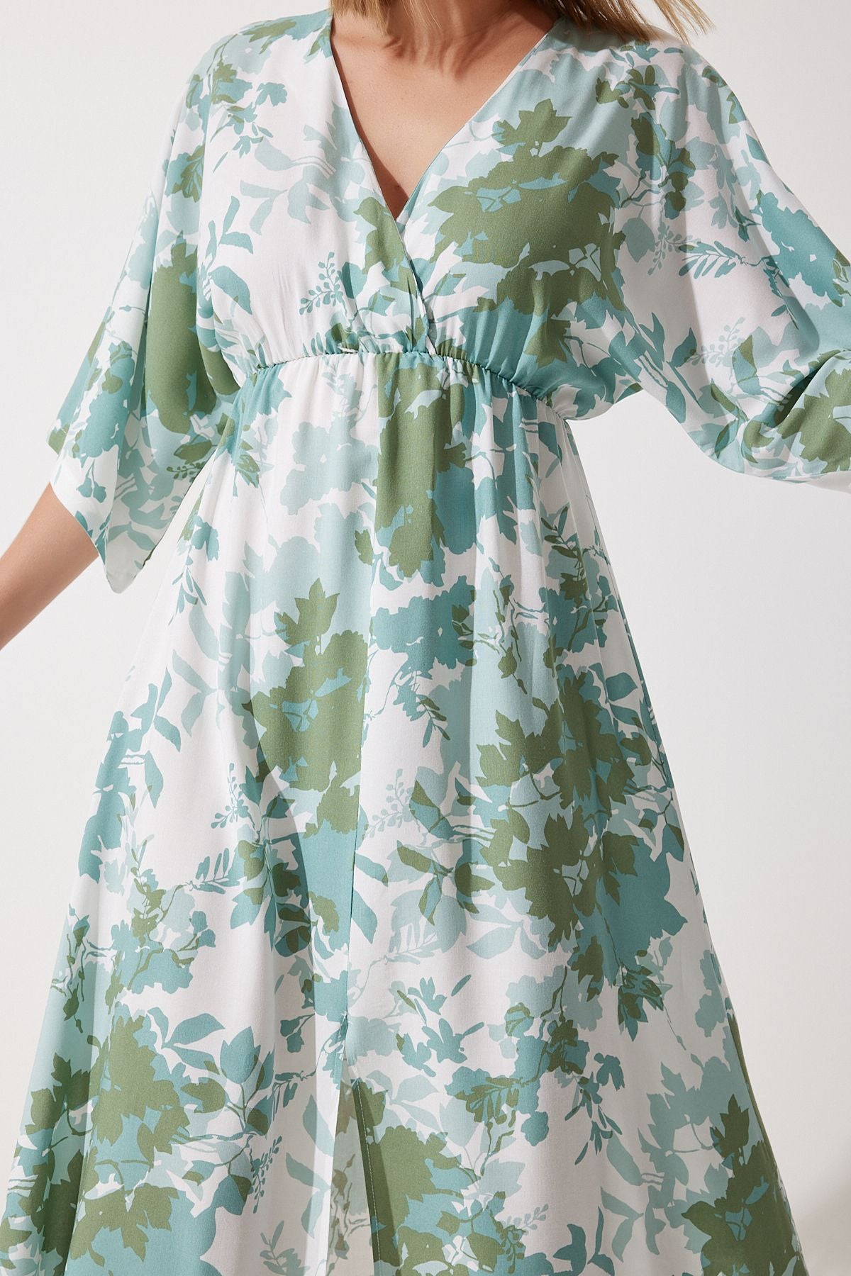 Women's Cagla Green Anvelop Yaka Patterned Summer Viscose Dress DK00166