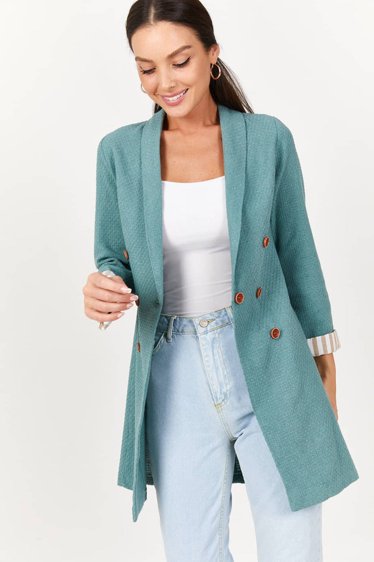 Women's Turquoise Long Sleeve Striped, Self-patterned Long Jacket ARM-22Y001090