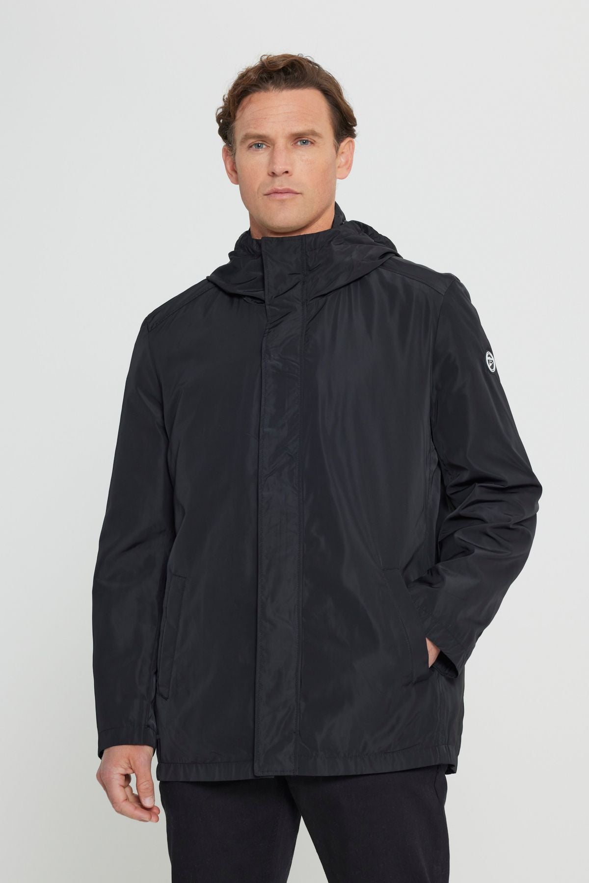 Men's Black Standard Fit Normal Cutter Windproof Hooded Red Neck Coat Trench coat