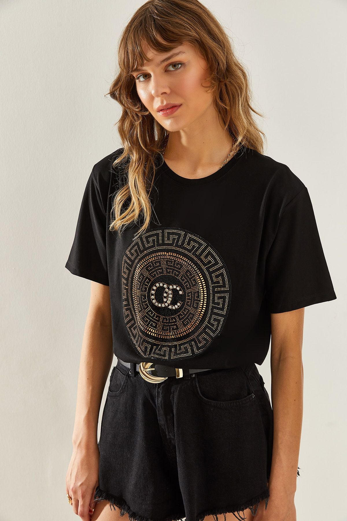 Female Bicycle Collar Stone Detail Basic Combed T-Shirt 60251238