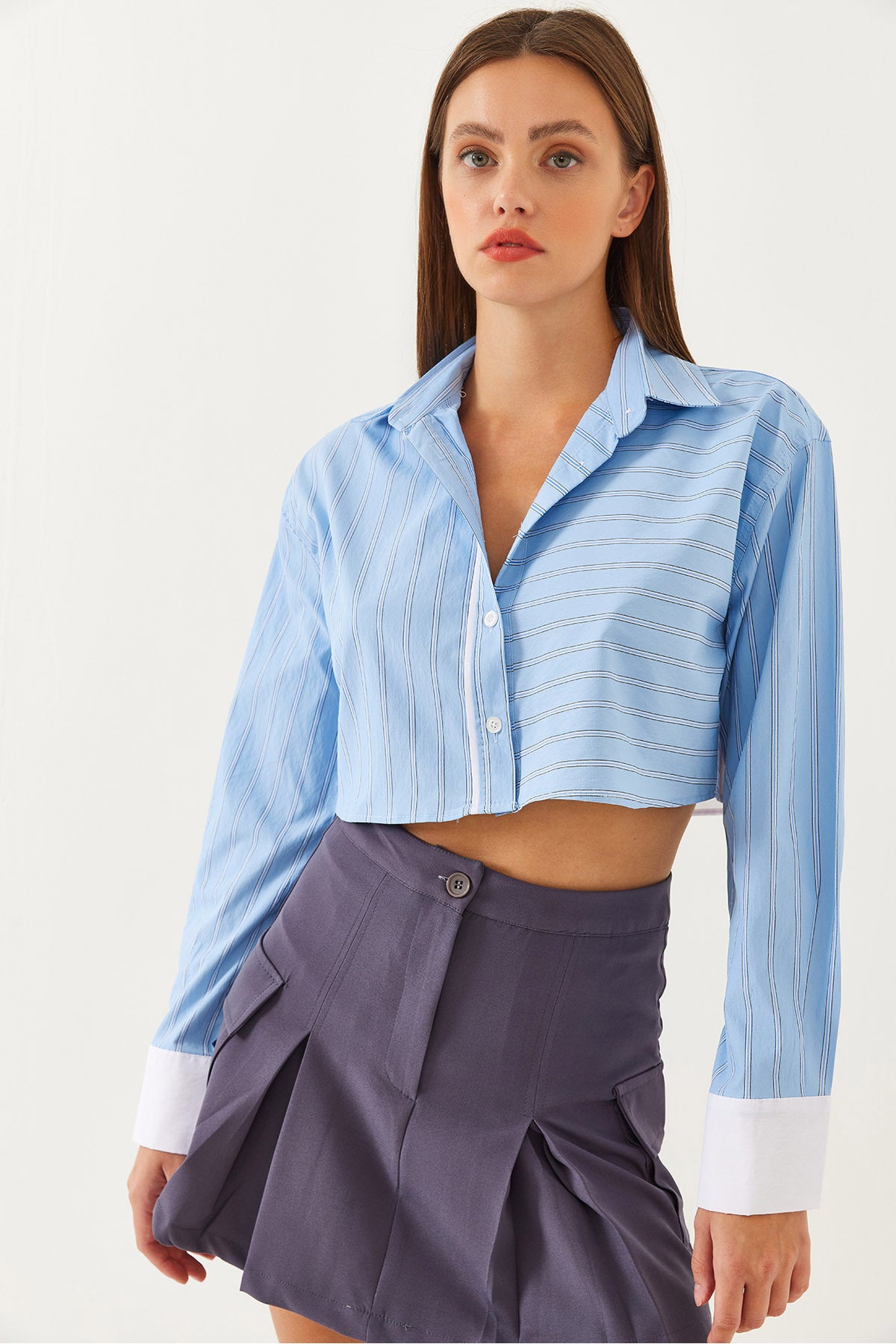 Women's Asymmetrical Striped Cuff Detailed Crop Shirt 4451 60251915