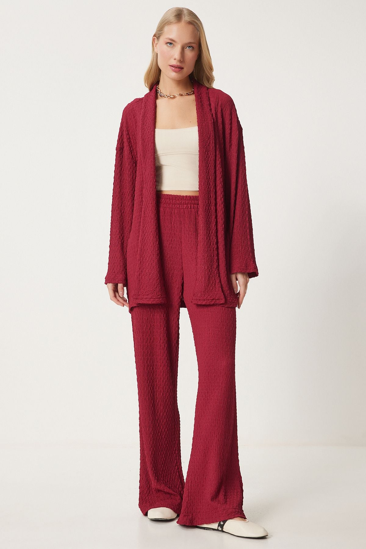Female burgundy textured knitted kimono pants set RG00046