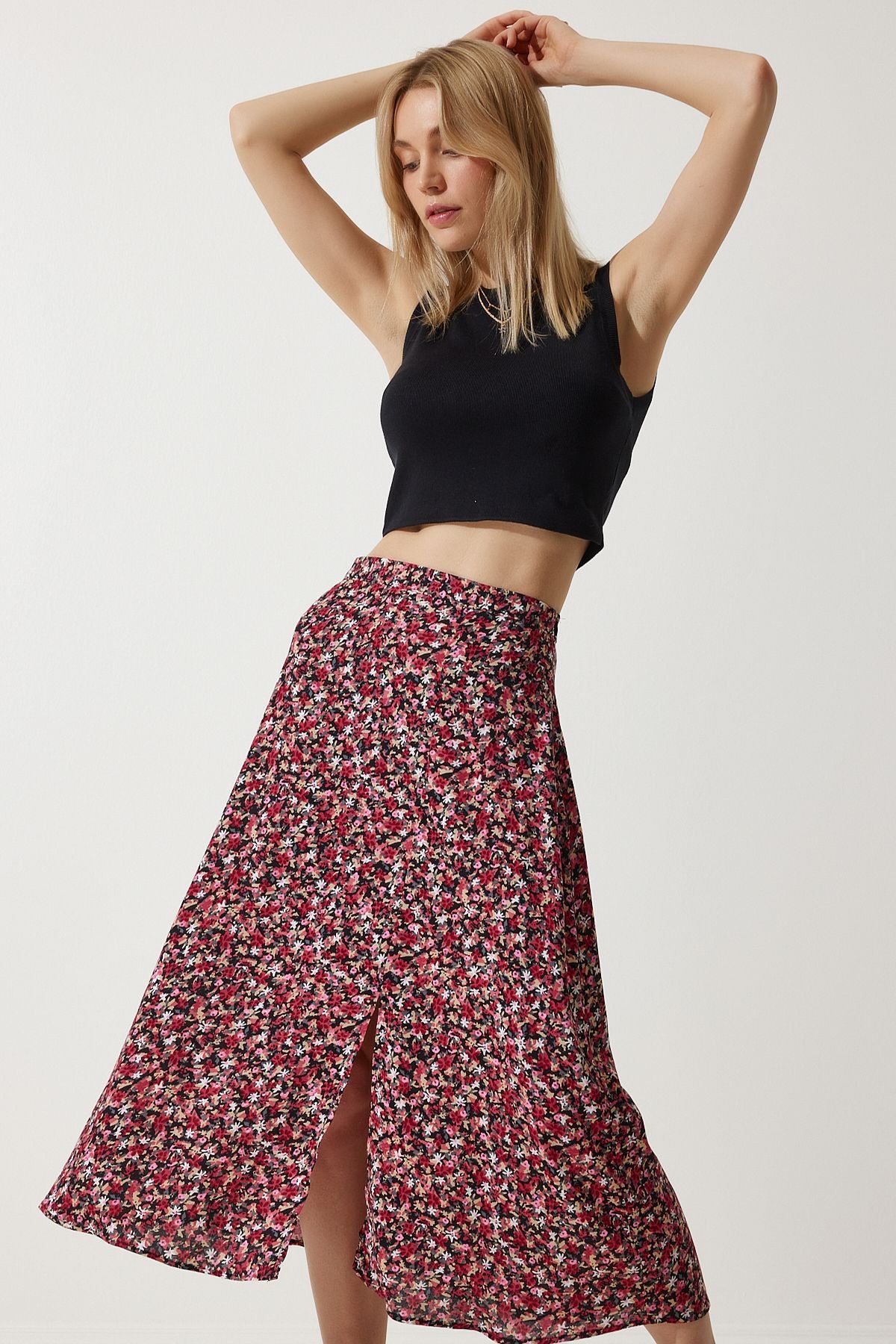 Woman Red Black Flower Swittish Summer Viscose Skirt MX00165