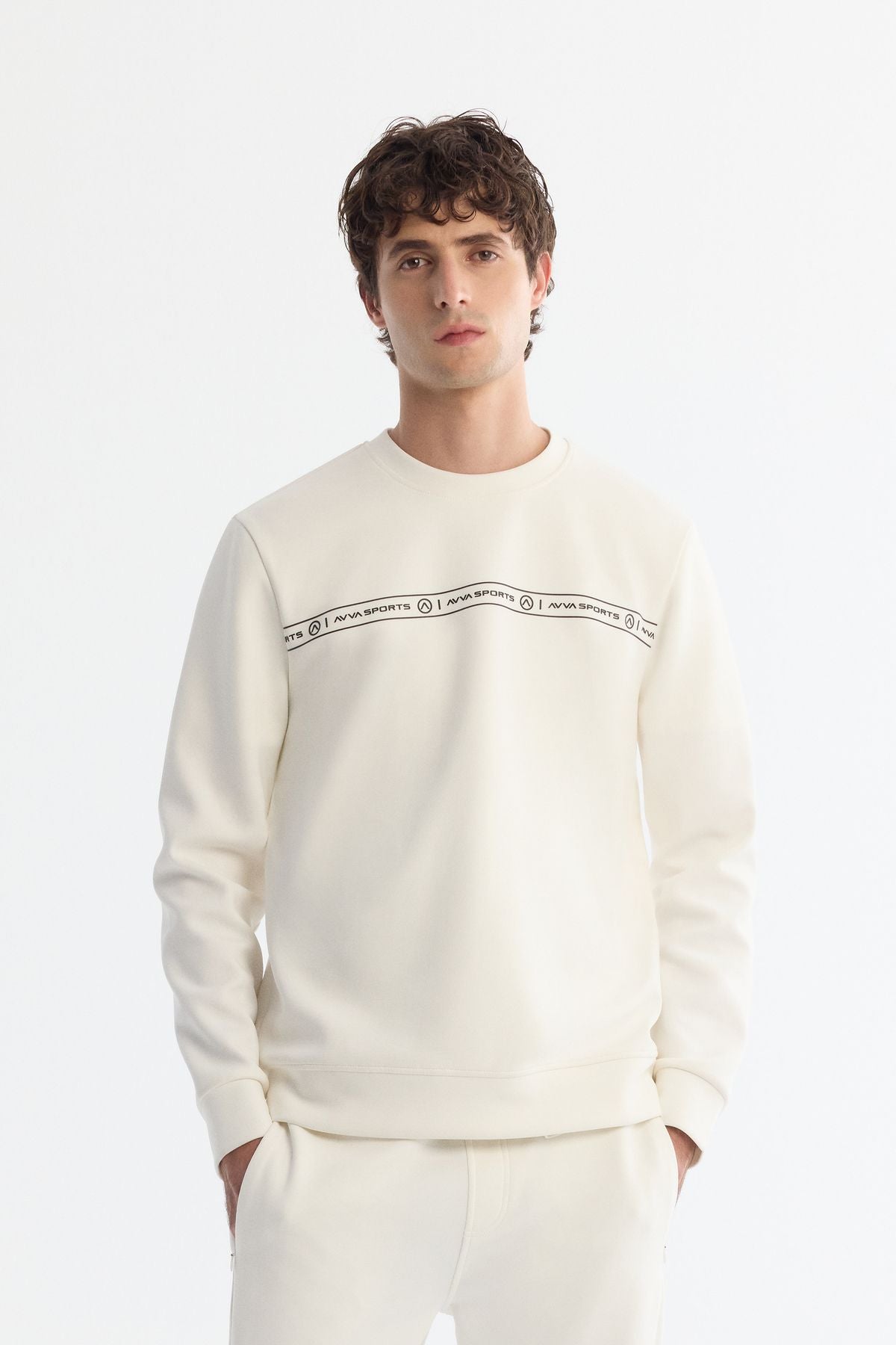 Male Ecru Bicycle Collar Printed Elastan Sweatshirt A42y1308