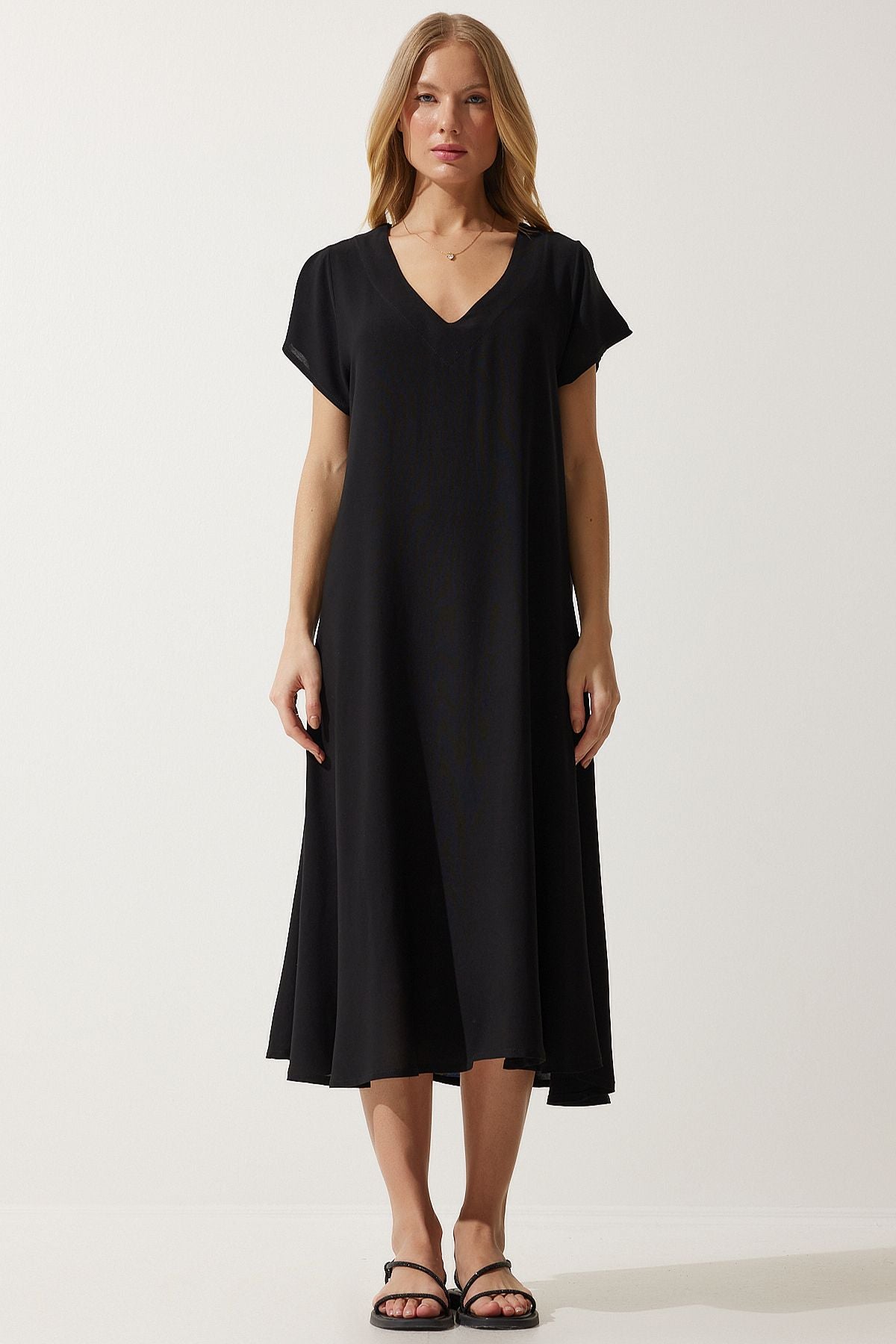 Female Black V -Neck Summer Casting Viscose Dress EN00612