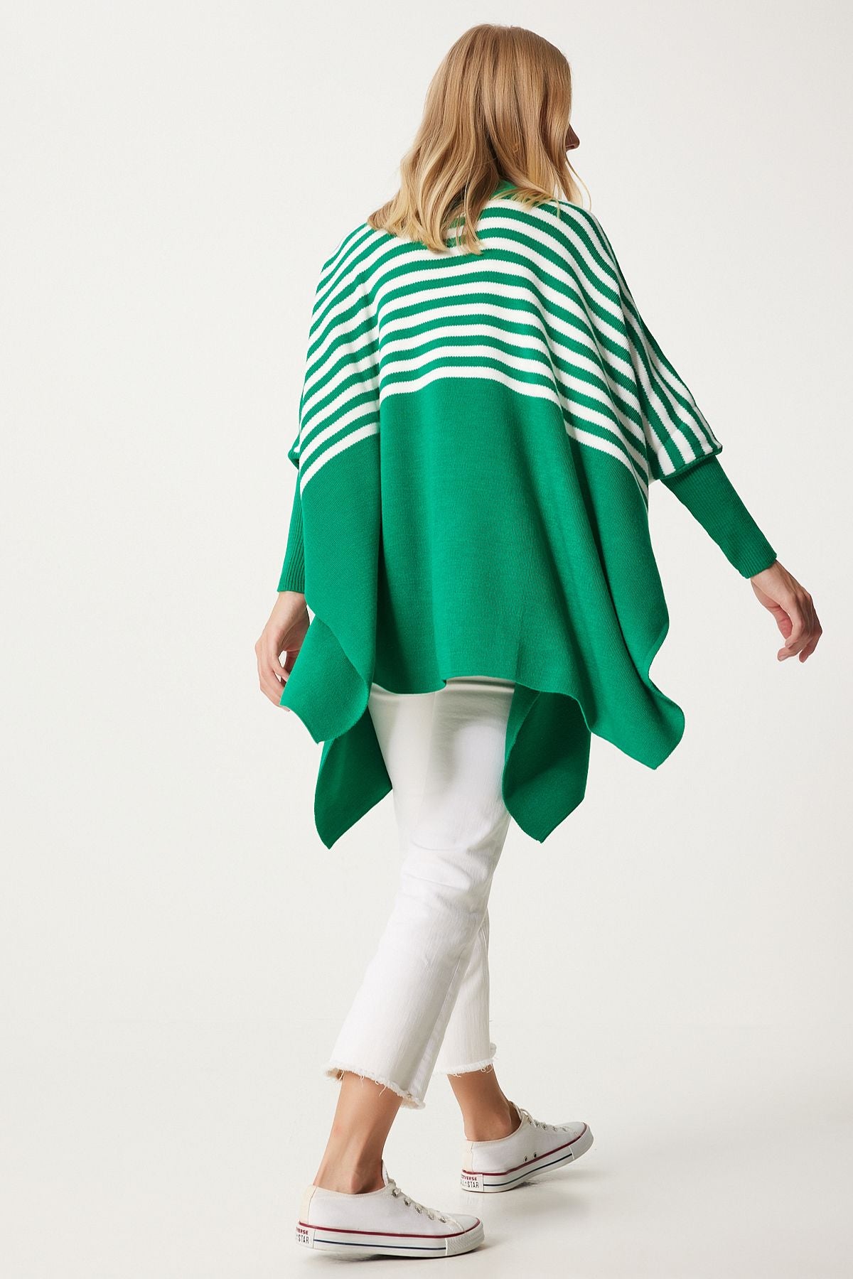 Women's Green Striped Side Slit Oversiz Pancho Sweater DD01336