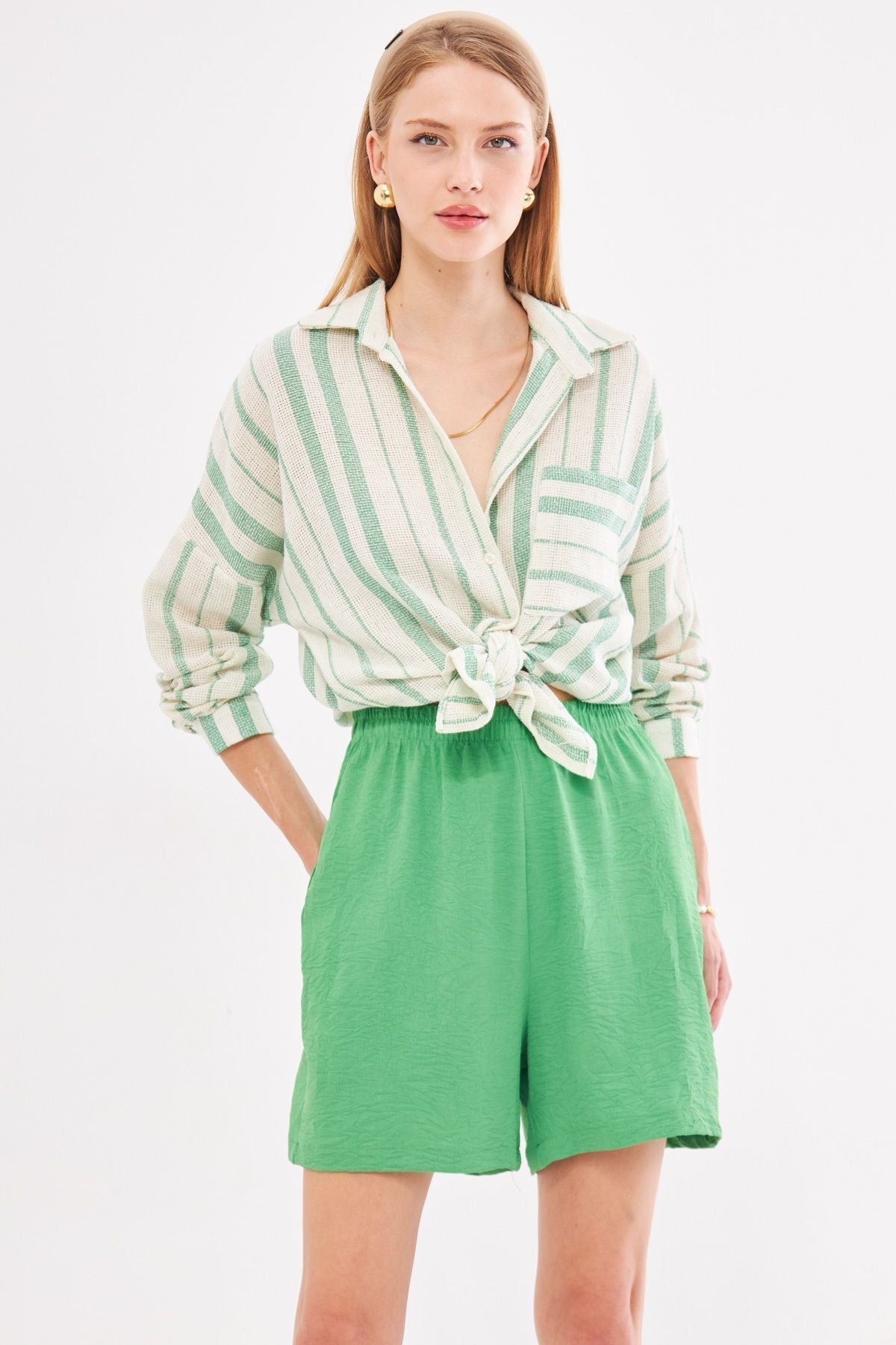 Woman Light Green Long Sleeve Pocket detailed back Pleeled striped Oversize shirt ARM-24Y001053