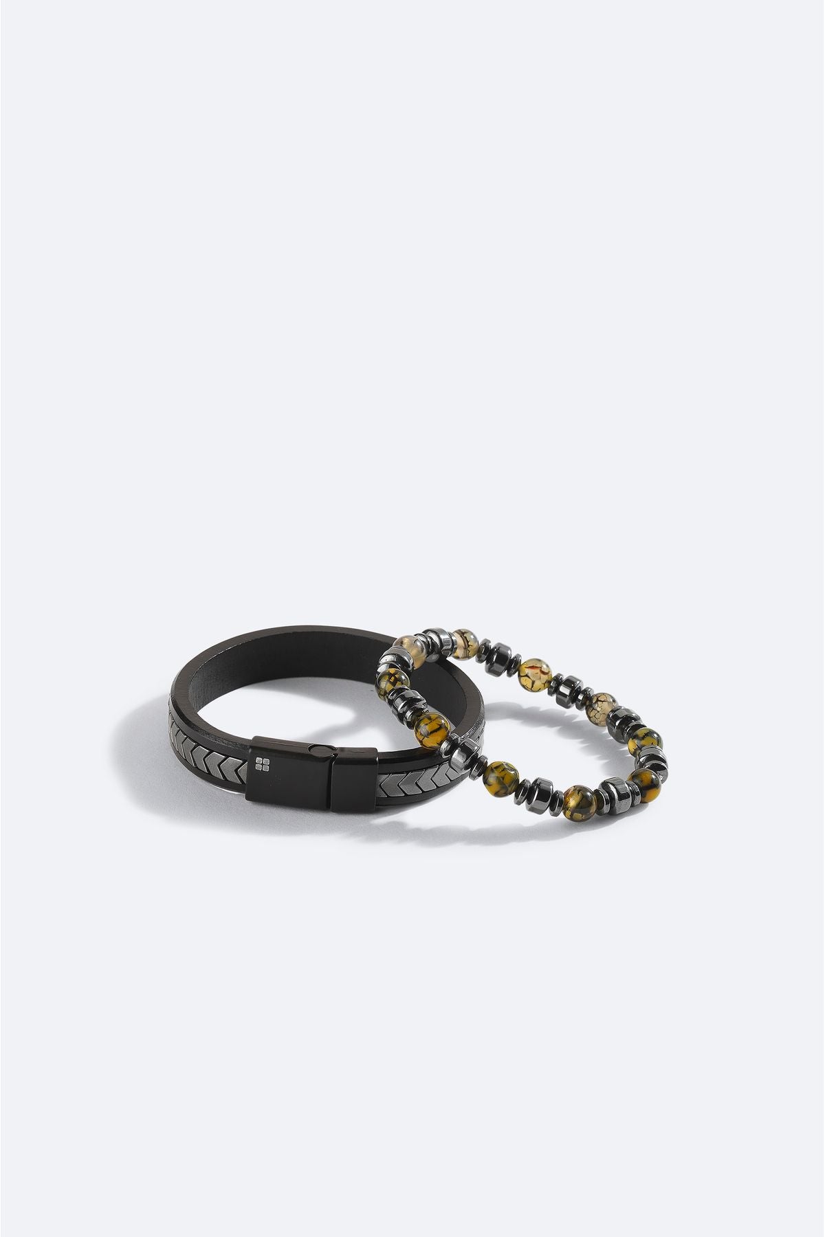 Men's anthracite Leather Hematitis Stone 2 Bracelet A42y9606