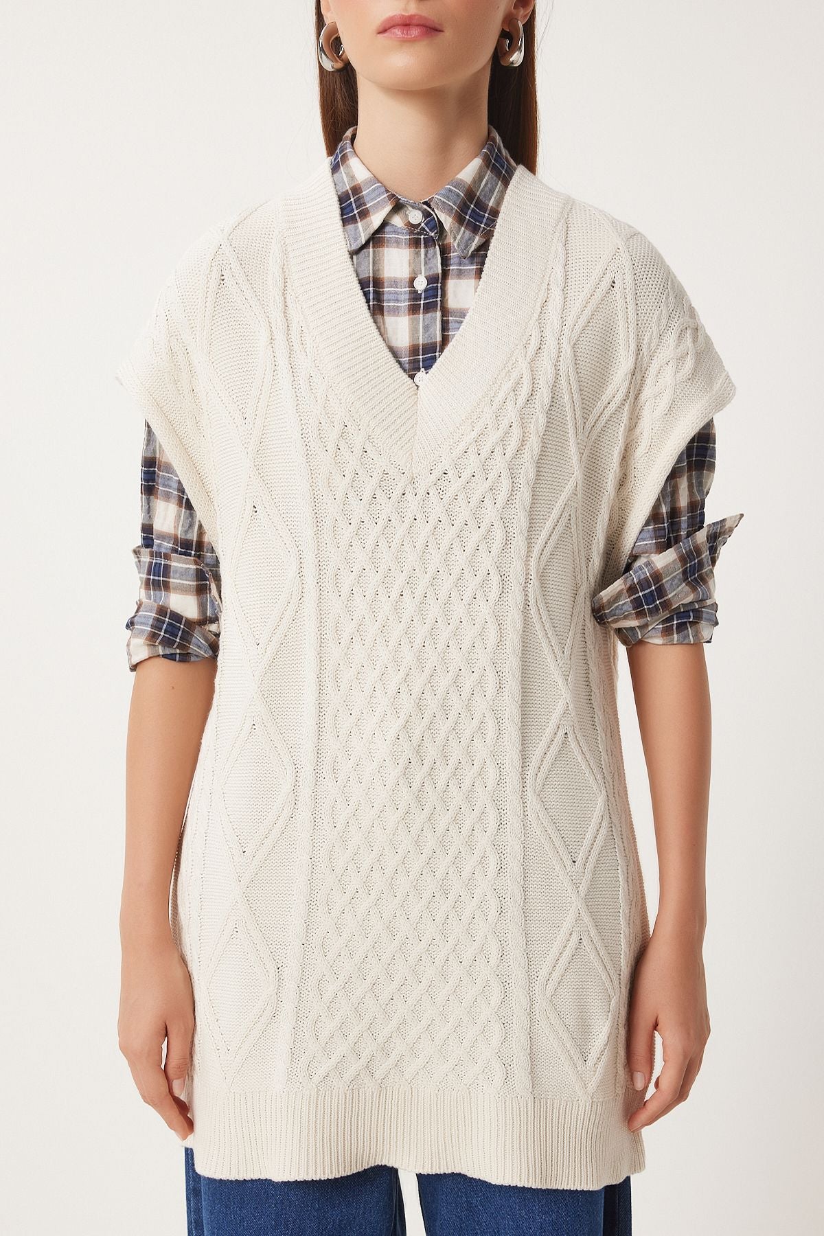 Women's Cream V -Neck Motif Long knitwear sweater NV00072