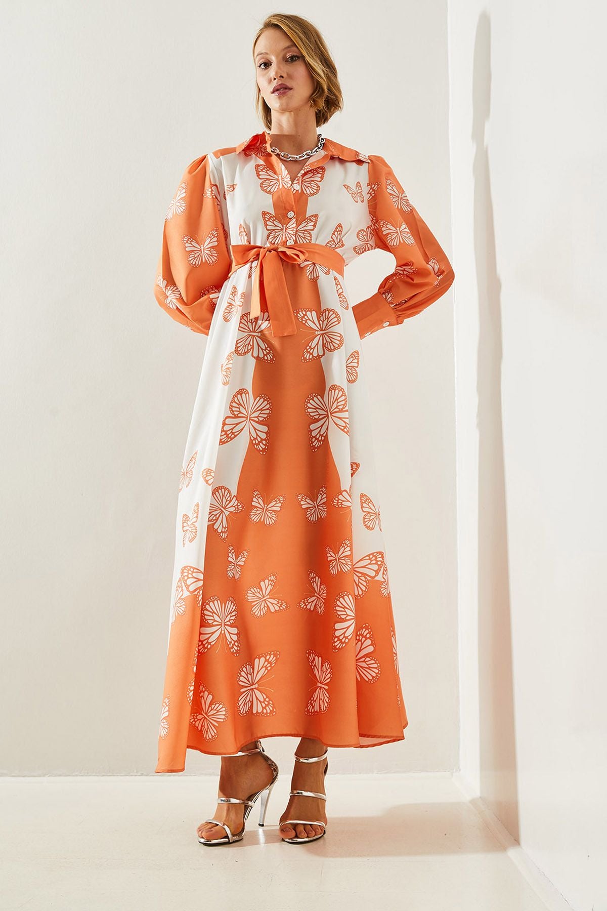 Shirt collar butterfly patterned belt long dress 22146 60251712