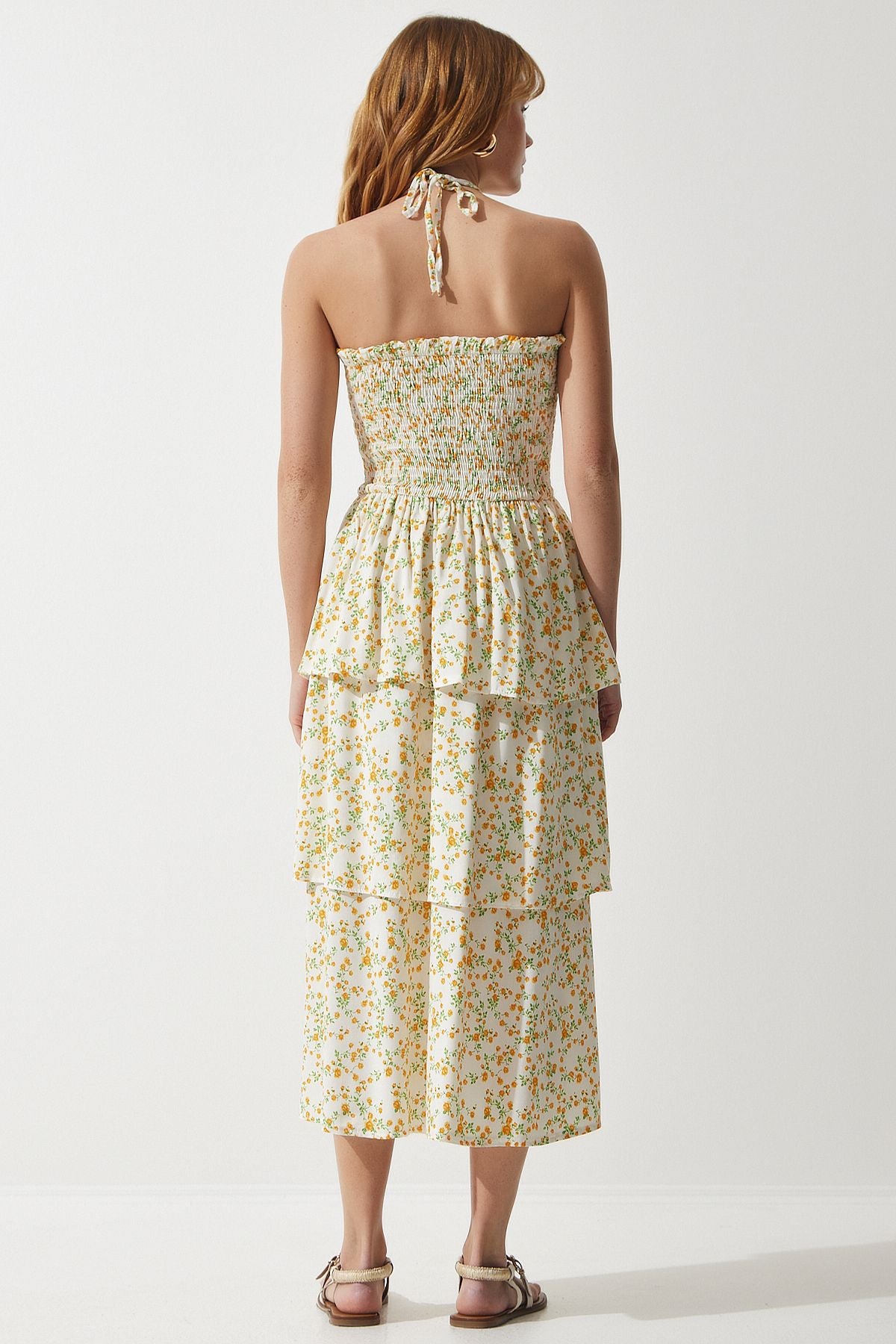 Female Ecru Yellow Flower Volan Summer Viscose Dress UB00226