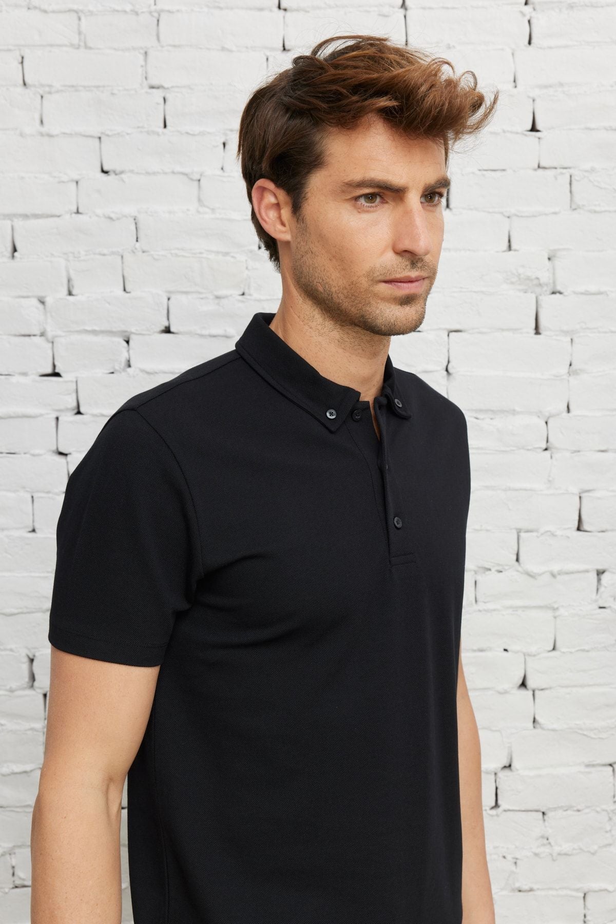 Men's black slim fit narrow cut polo collar cotton t -shirt