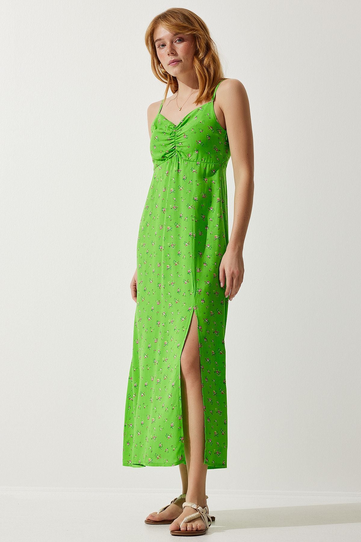 Female peanut green hanger with patterned viscose dress ub00236