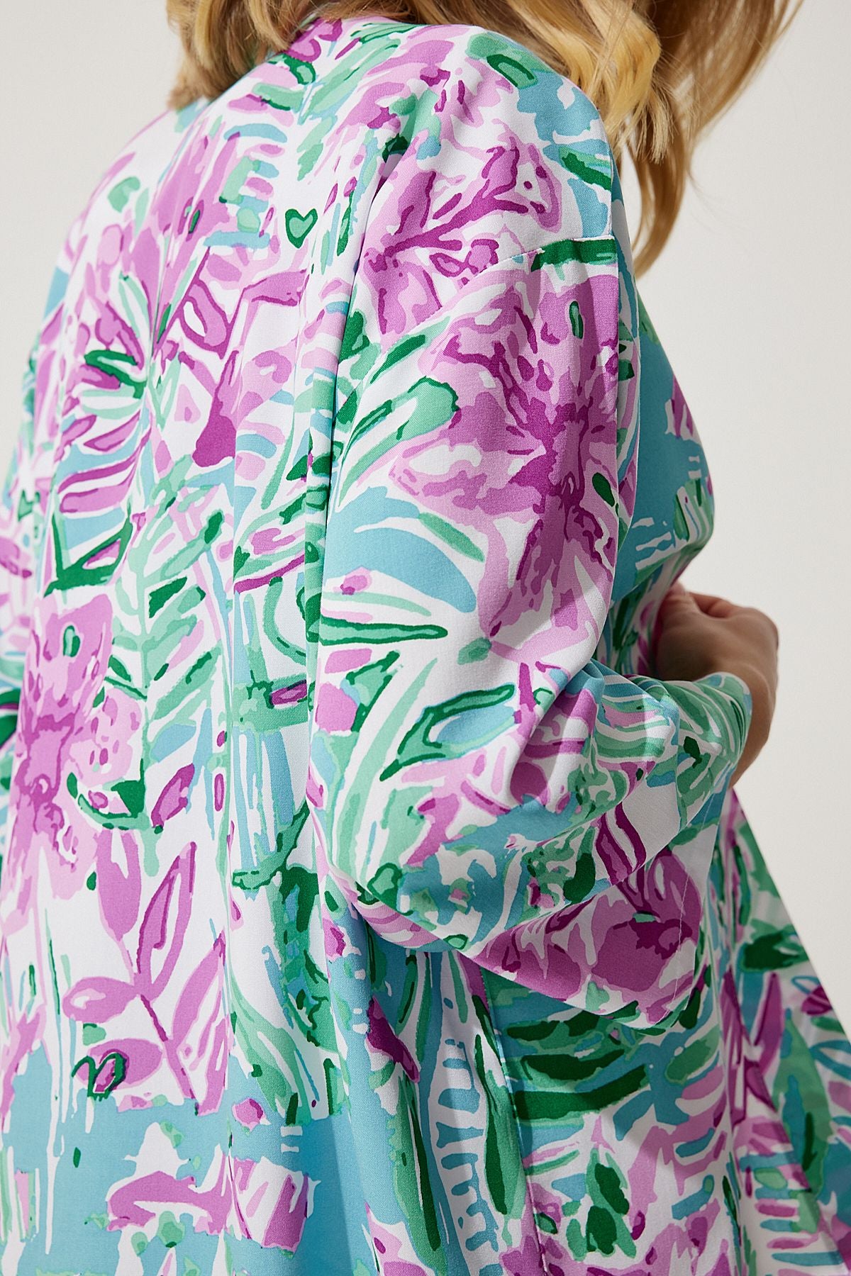 Female Cagla Green Pink Patterned Viscose Kimono EN00615