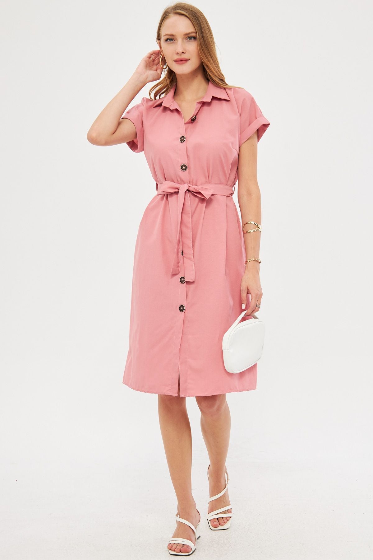 Woman Pink Waist Belt Short Sleeve Shirt Dress ARM-19Y001068