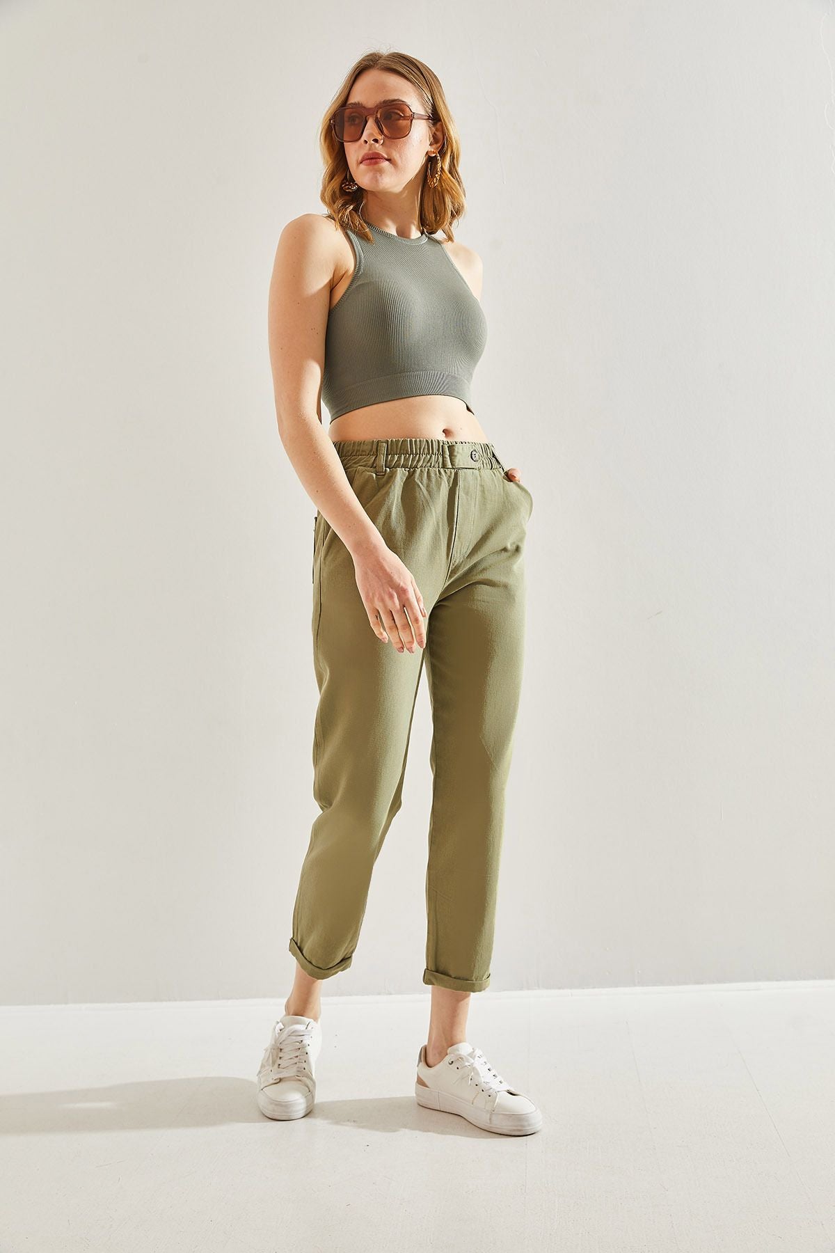 Women's waist rubber piece detailed gabardin pants 60221014
