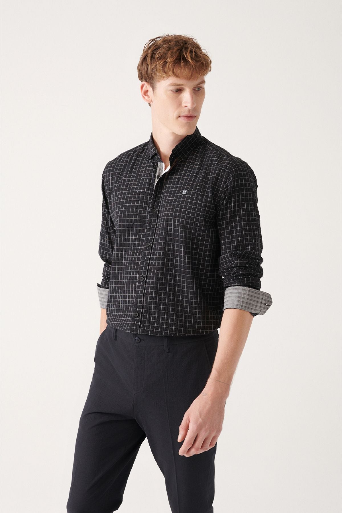 Men's Black Seersucker Cotton Plaid Patterned Shirt A31y2214