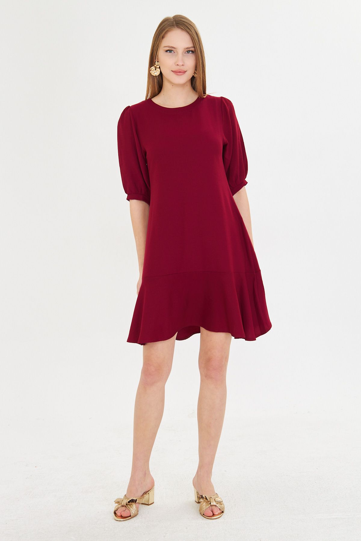 Female Bordeaux Zero Yaka Quarter Sleeve Skirt Volan Dress ARM-25Y001007