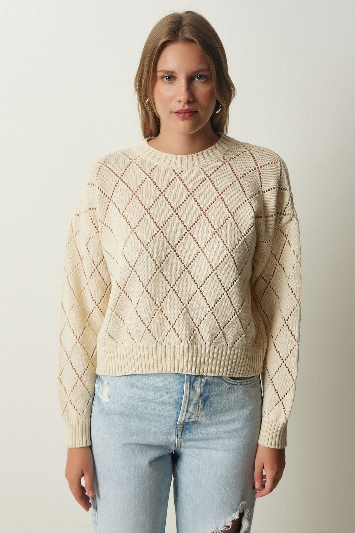 Women's Cream Baklava Patterned Offer Knitwear Sweater NF00074