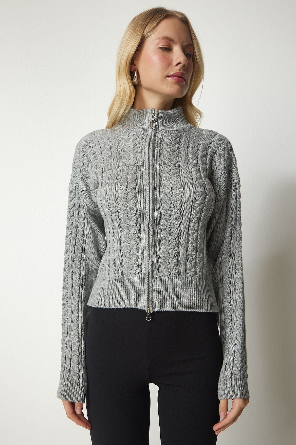 Women's gray zipper knitting motif knitwear cardigan yy00174