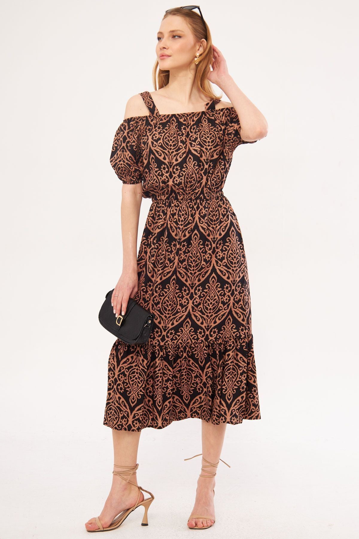 Female mink square floral patterned strap waist tire dress ARM-21K001202