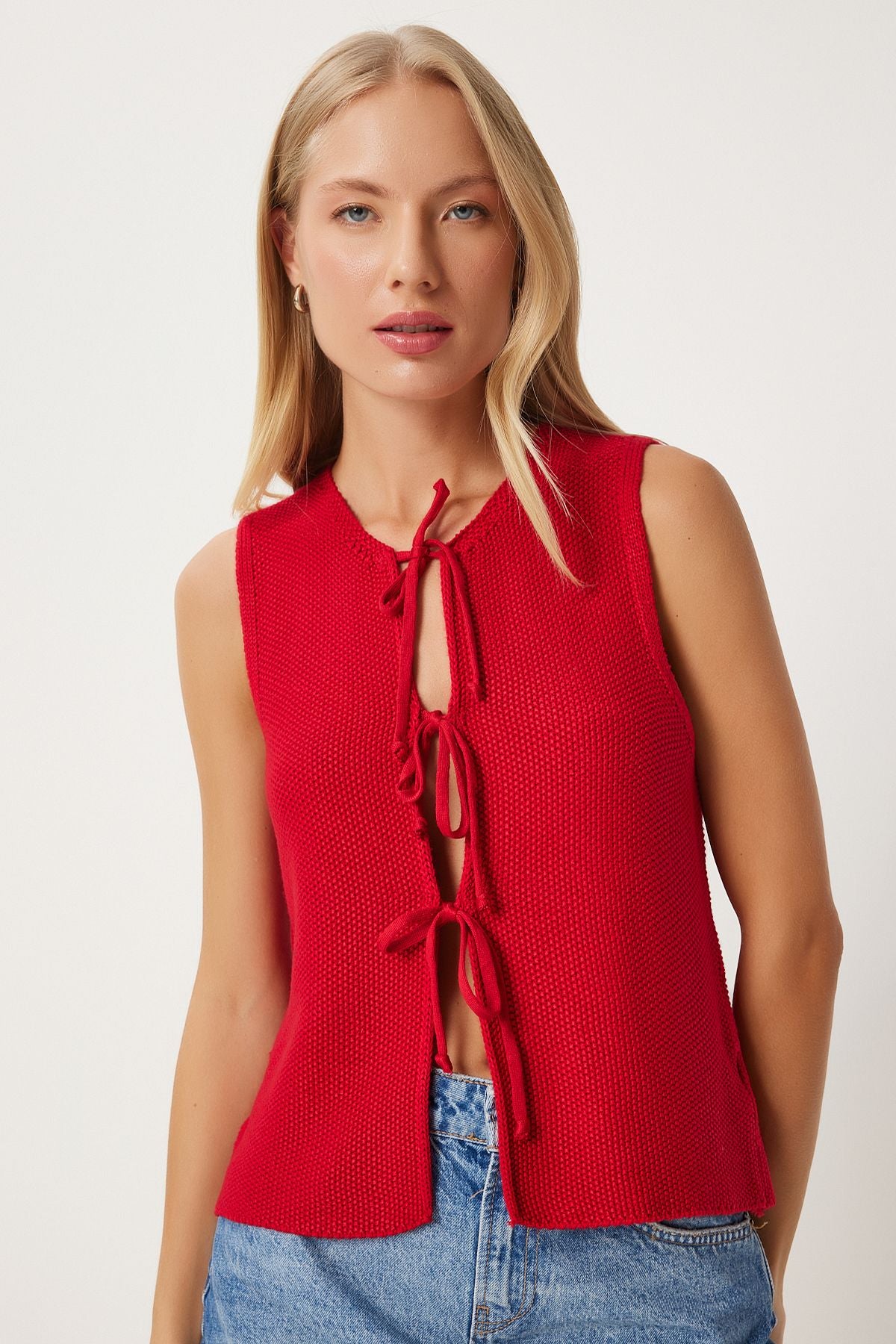 Woman Red Lacked Knitwear Vest US00923