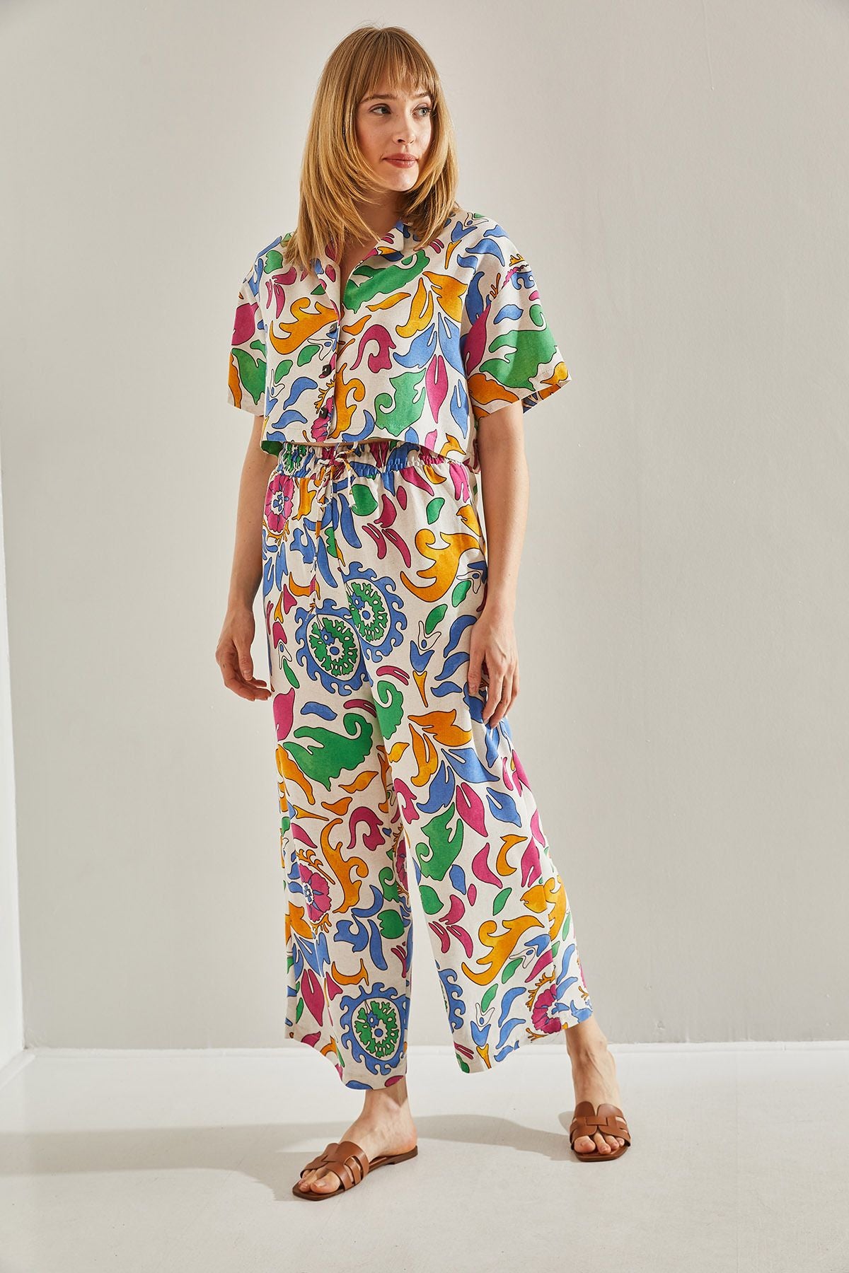 Crop Set with Palazzo Double Pants with Orange Ethnic Patterned 60251023