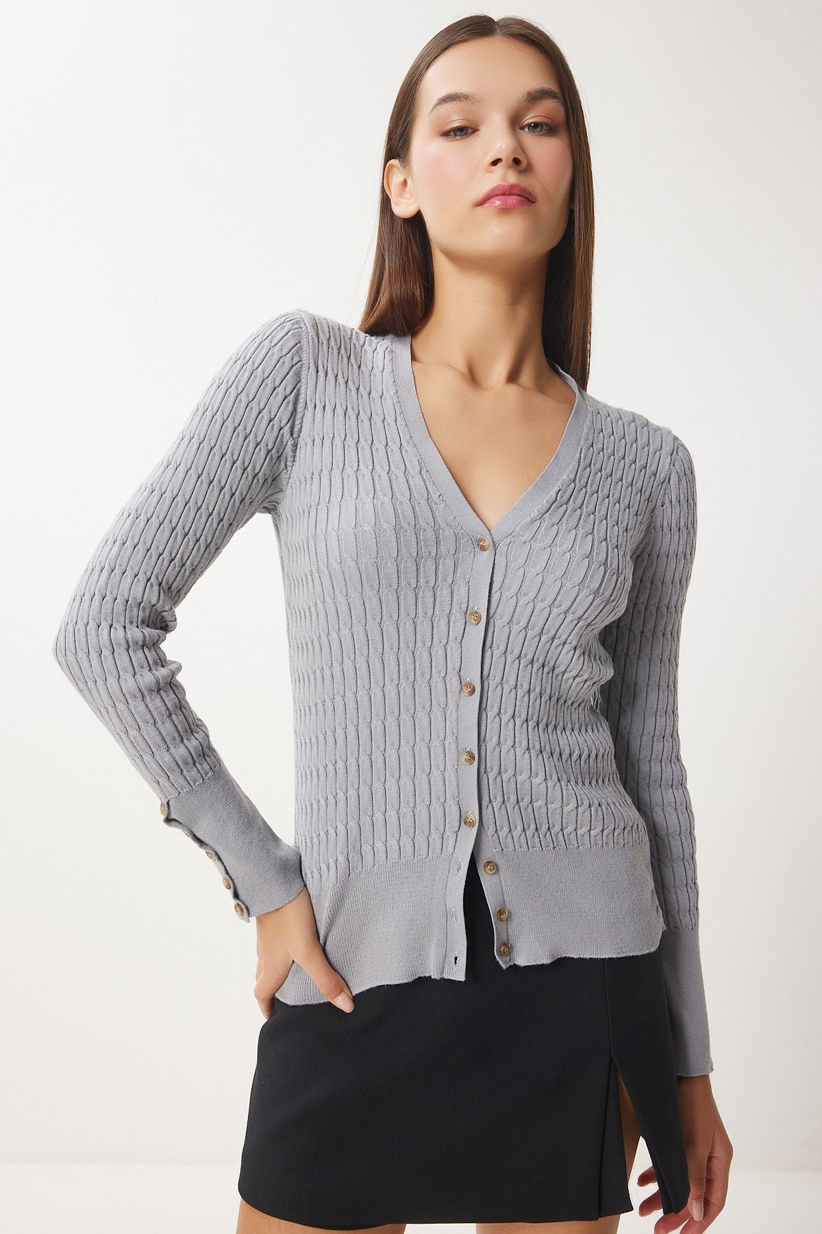 Women's Gray Thessaloniki Knitting Detailed Triko Cardigan FN03399