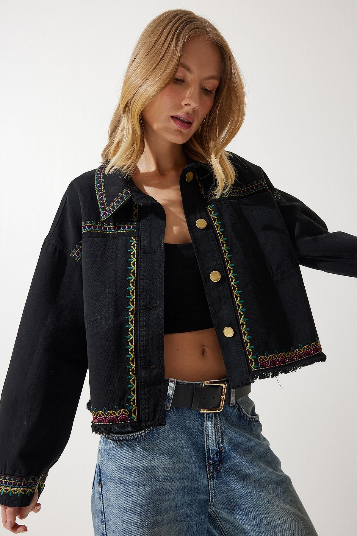Female Black Embroidered Tassel Oversize denim jacket sa00018