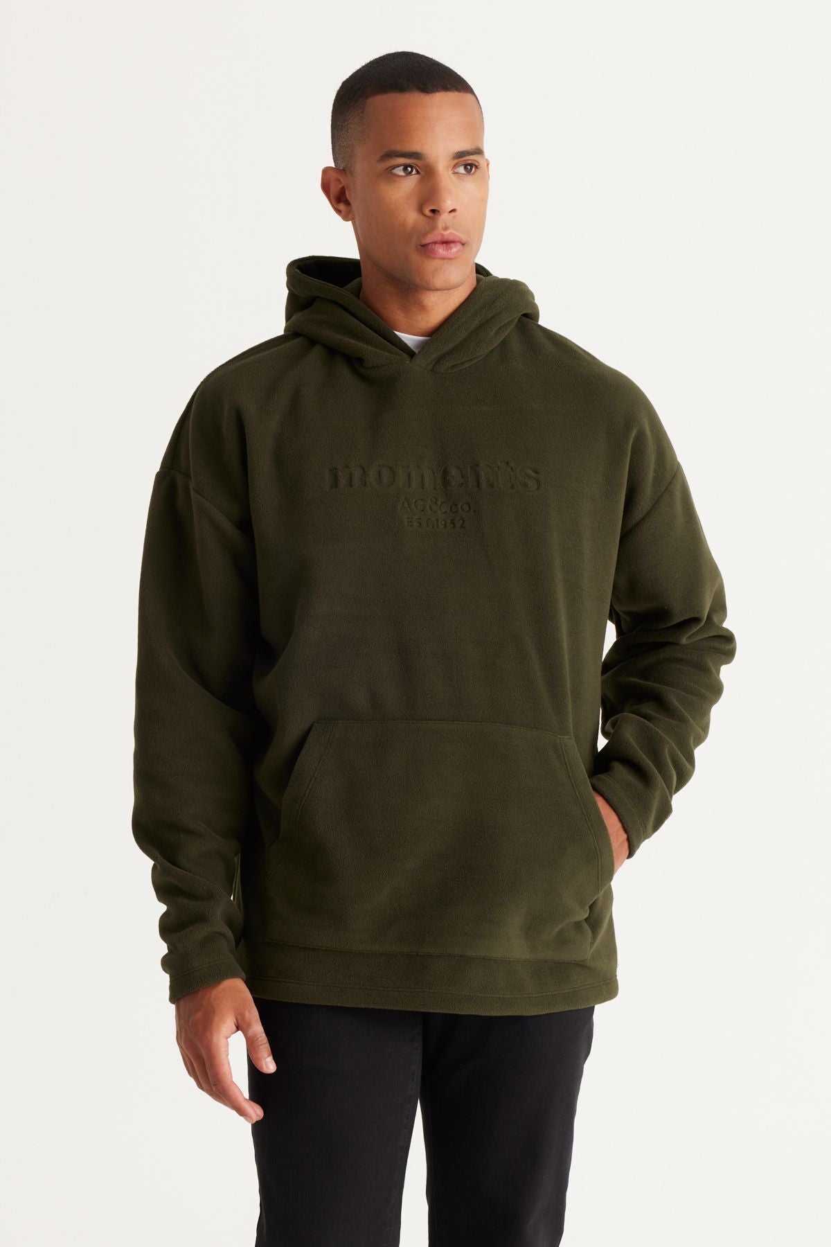 Men's Khaki Oversize plenty of cut hooded polar sweatshirt