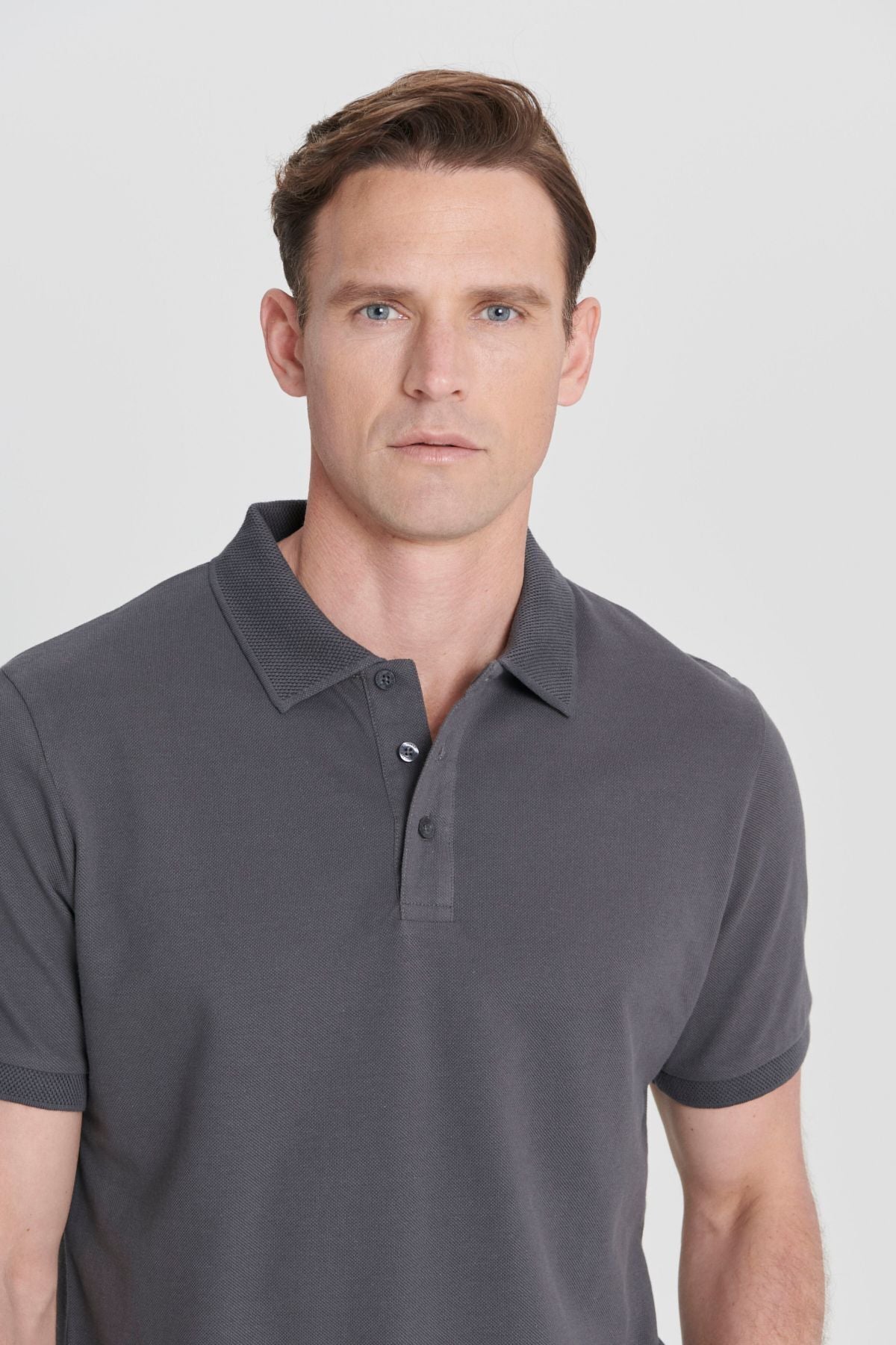 Men's anthracite 100 %cotton curved pike polo collar slim fit narrow cut t -shirt