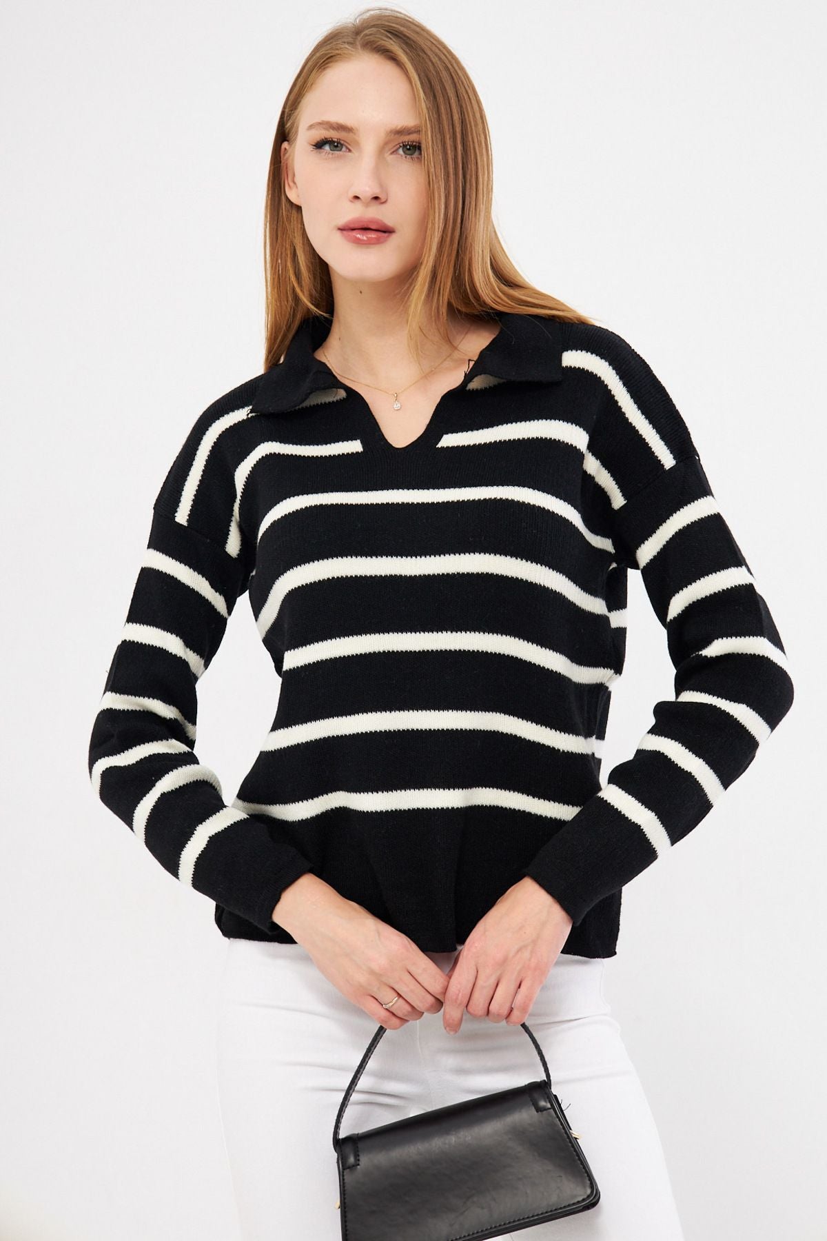 Female Black striped Polo Yaka Knitwear Sweater ARM-22Y012006