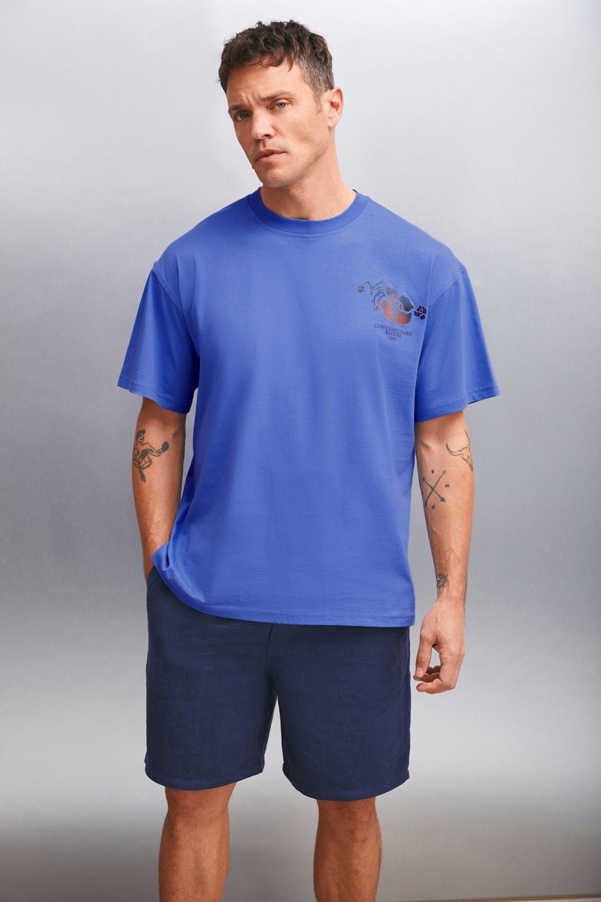 Phıllıp Men's Oversizle Fit 100 %Cotton Thick textured printed blue t-shirt